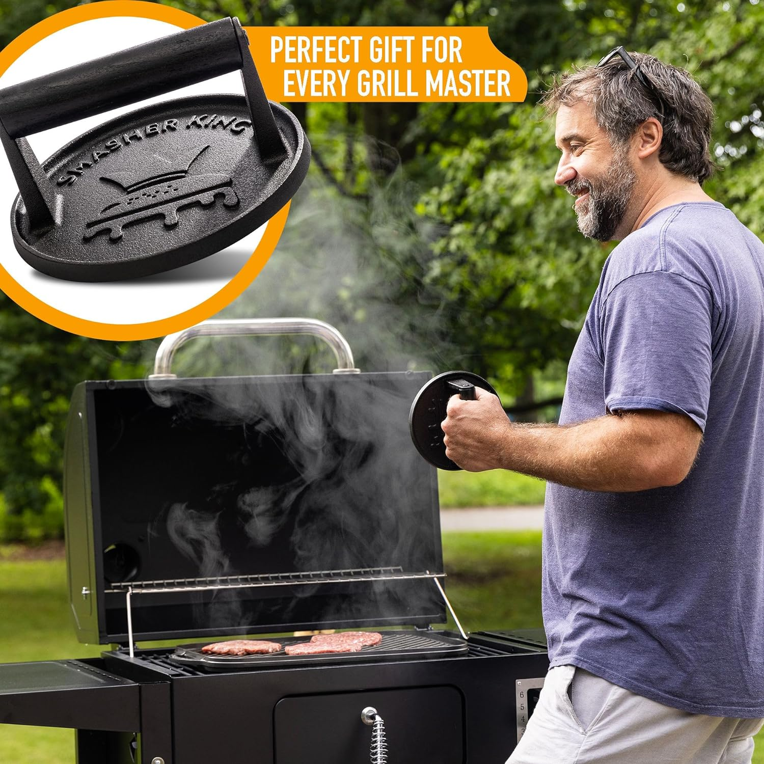 Premium Cast Iron Smash Burger Press Incl. 25 Pcs of Patty Paper, Burger Smasher for Griddle with Black Wood Handle, Perfect Hamburger Press, Meat Press, Bacon Press, Sandwich Press image number 2