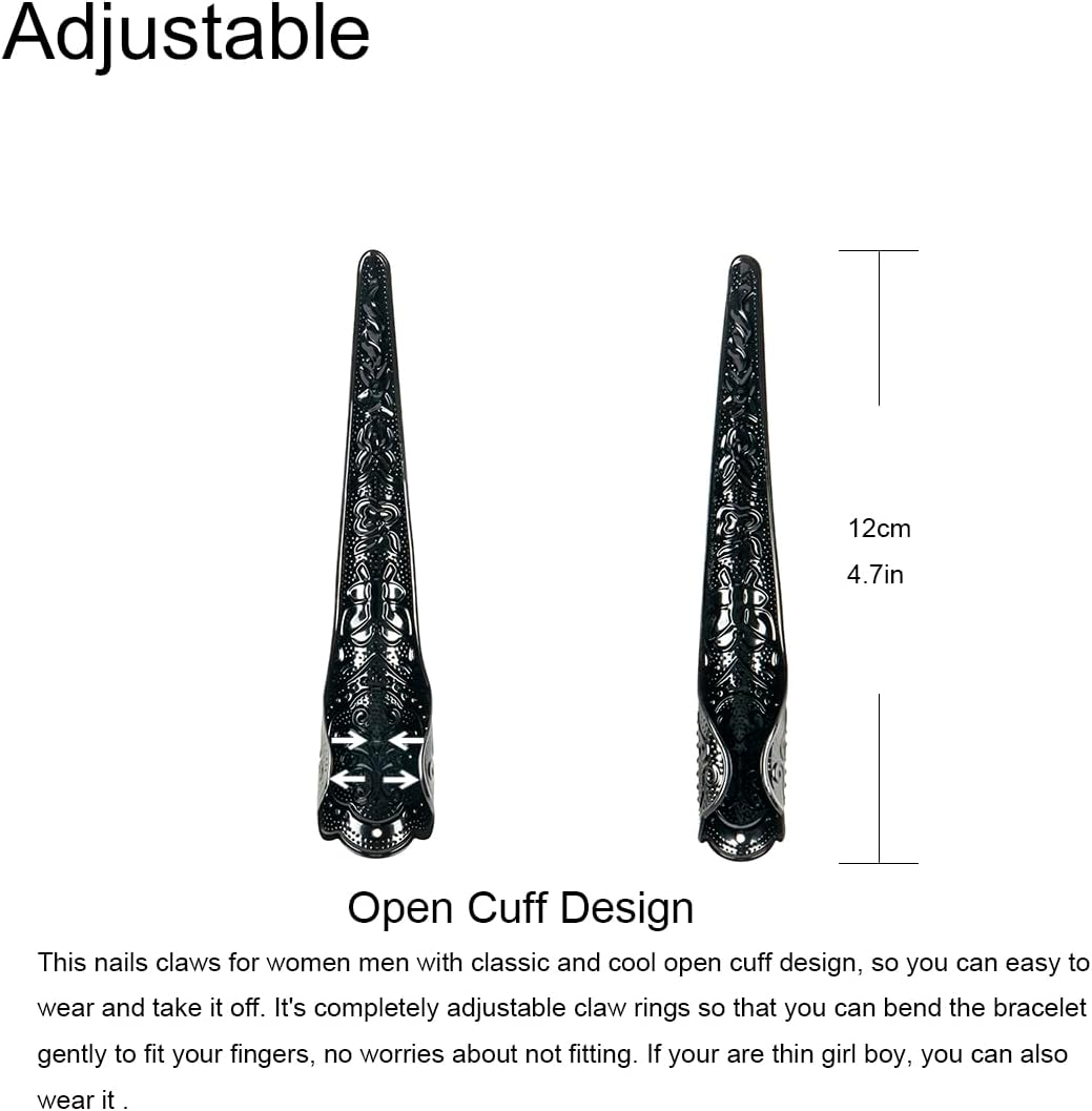 10 Pcs Long Finger Claws ,Cuff Design Adjustable Black Metal Nail Rings Extension,Halloween Articulated Hands Jewelry Fingertip, Cool Stuff Scary Vampire Demon Cat Cosplay Accessories Women Costume image number 3
