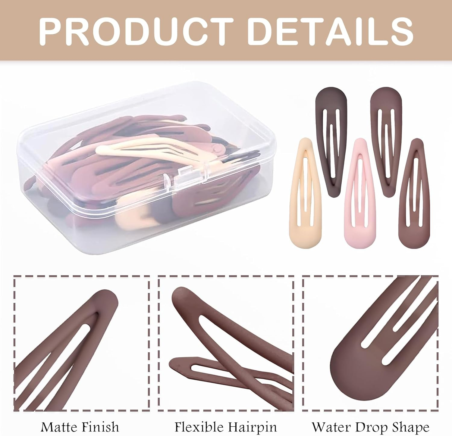 Jotia 30Pcs 5Cm Snap Hair Clips, Water Drop Non Slip Hair Barrettes Strong Hold Matte Hair Clips Metal Snap Clips for Women Girls (5 Colors) image number 2