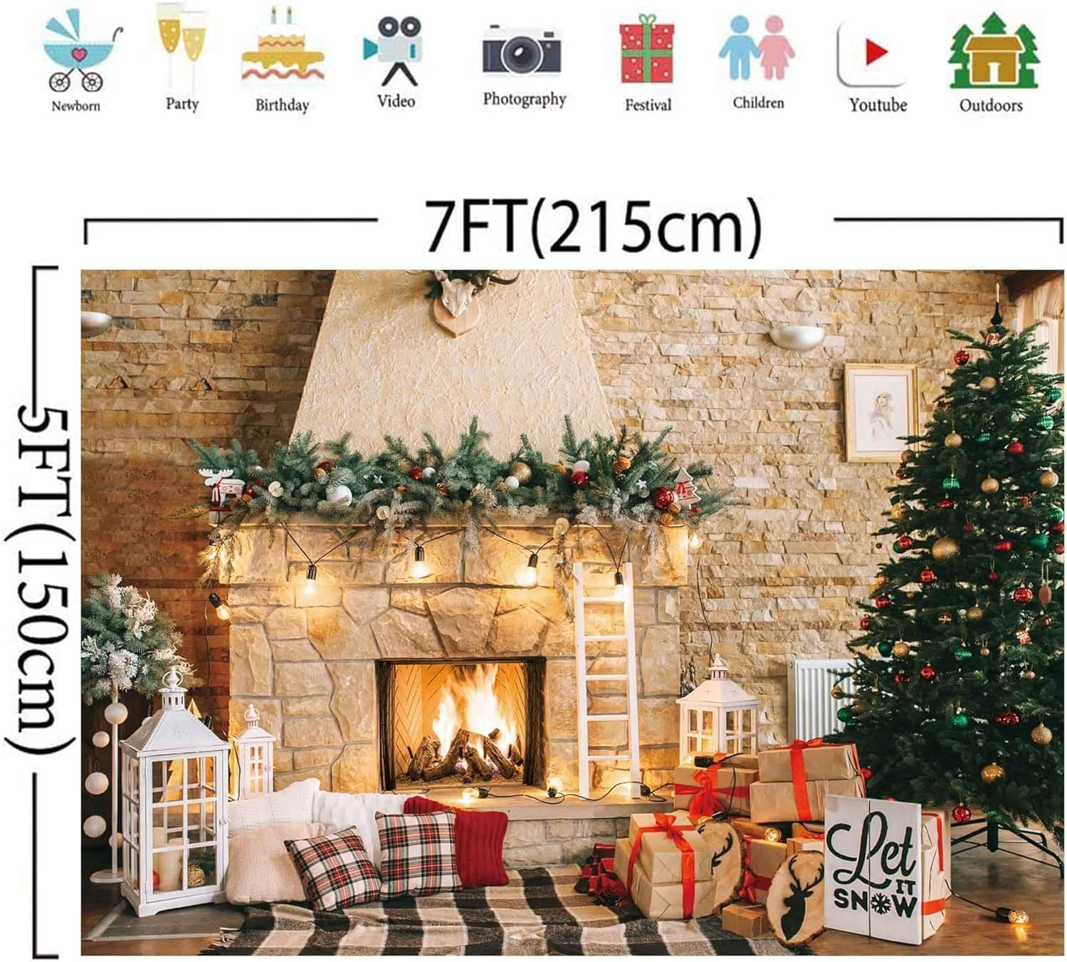 7X5Ft Christmas Fireplace Theme Backdrop for Photography Christmas Tree Decorations for Xmas Party Supplies Background Pictures Banner Photo Studio Decor Booth Props image number 4