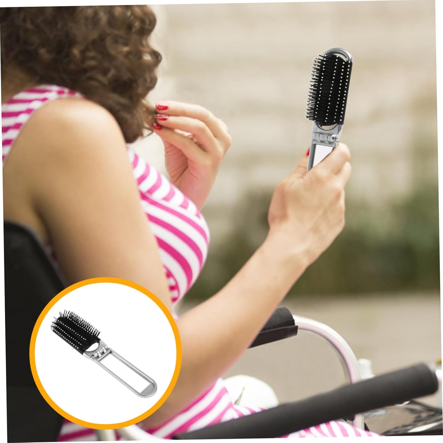 ERINGOGO Folding Hair Brush with Mirror Compact Brush for Handbag Durable Stylish Pocket Hair Brush for Quick Makeup Touchups Sleek Foldable Design image number 3