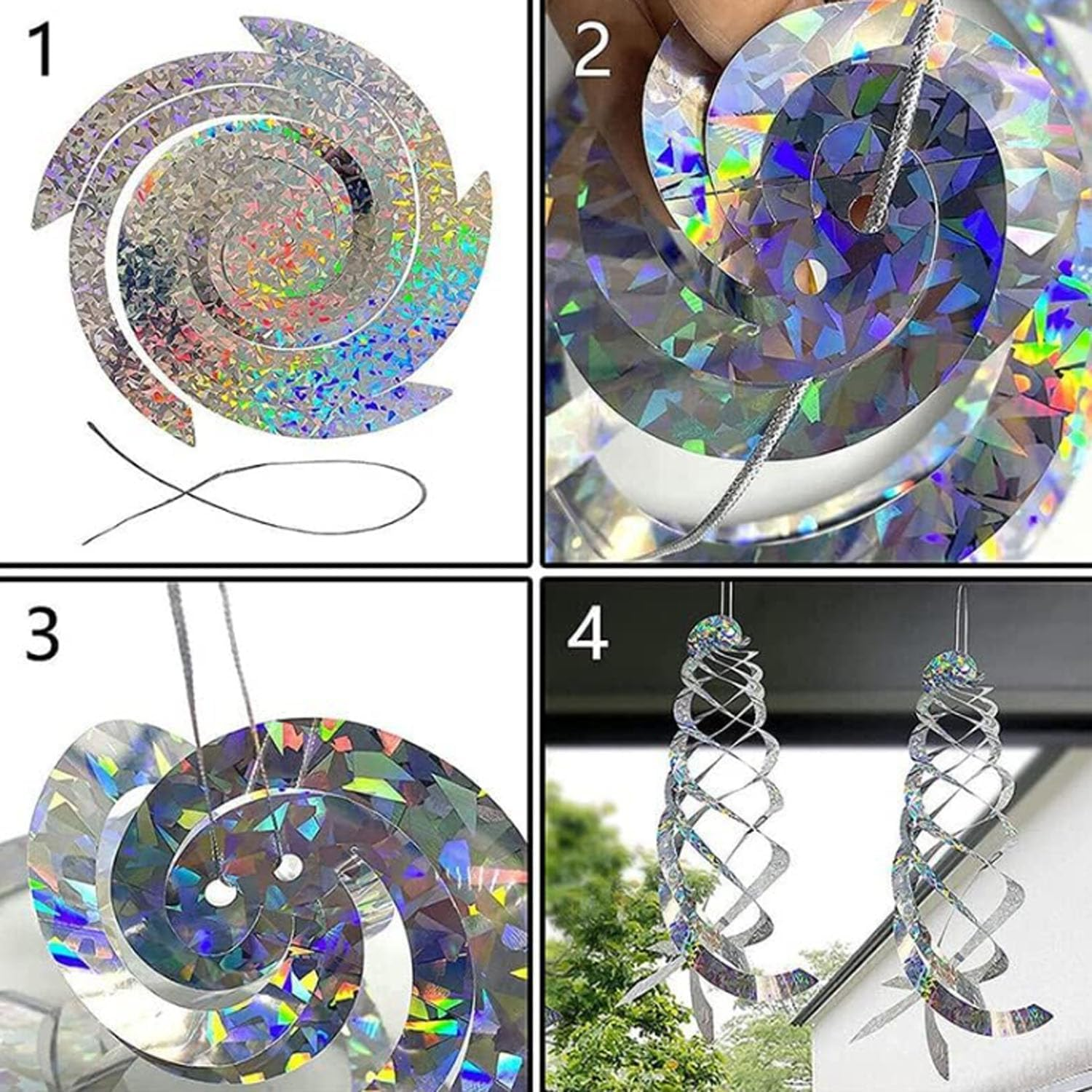 4-Piece Silver Reflective Anti-Bird Repellent Spinners, Anti-Bird Spiral Reflector Scare Tool for Garden, Balcony & Porch, Flashing Decorative Deterrent image number 2