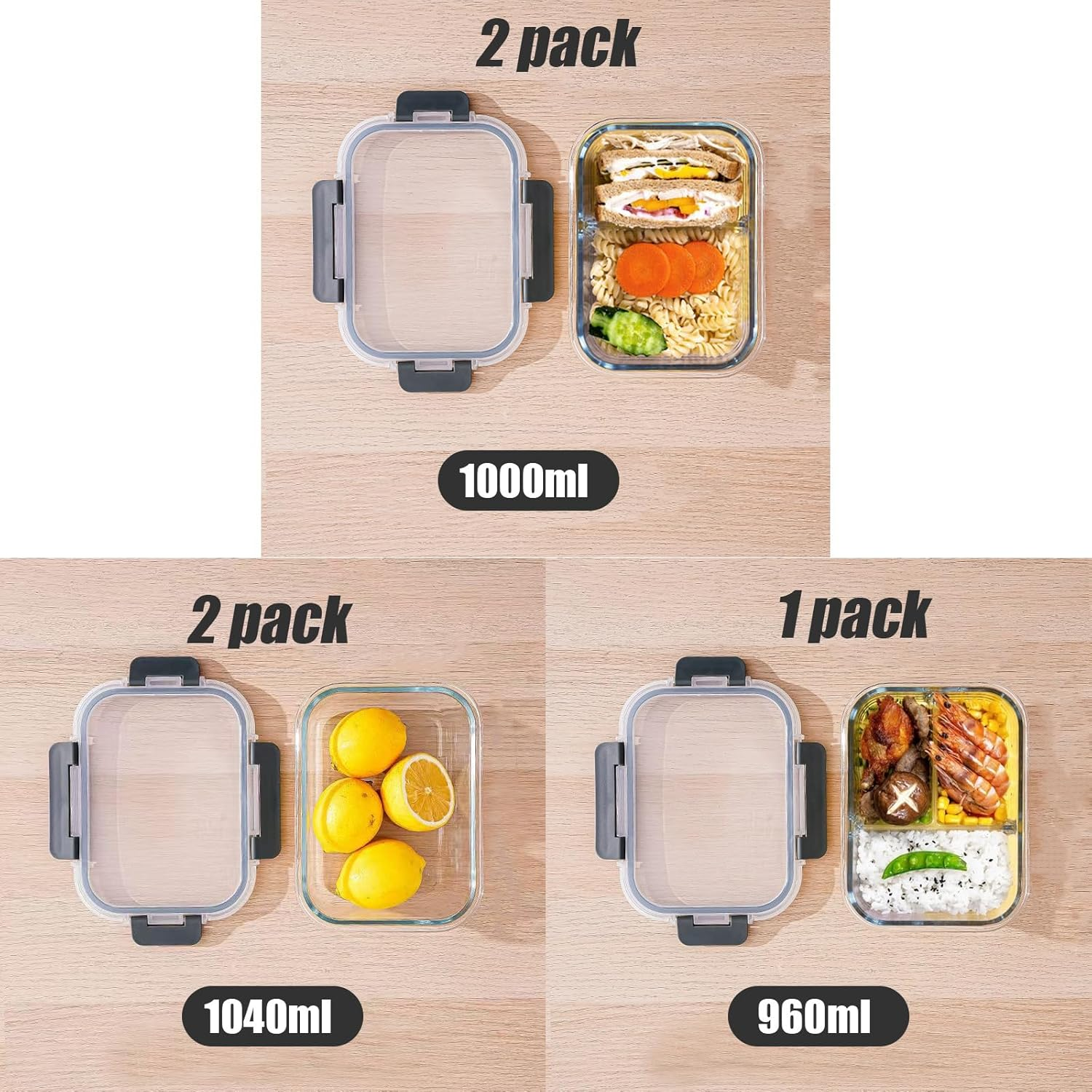 Glass Food Storage Containers,5 Pack Large Meal Prep Containers with Plastic Lids(1040Ml), Dishwasher, Microwave, Oven, & Freezer Safe,Glass Lunch Box for Kitchen Storage & Organisation image number 1