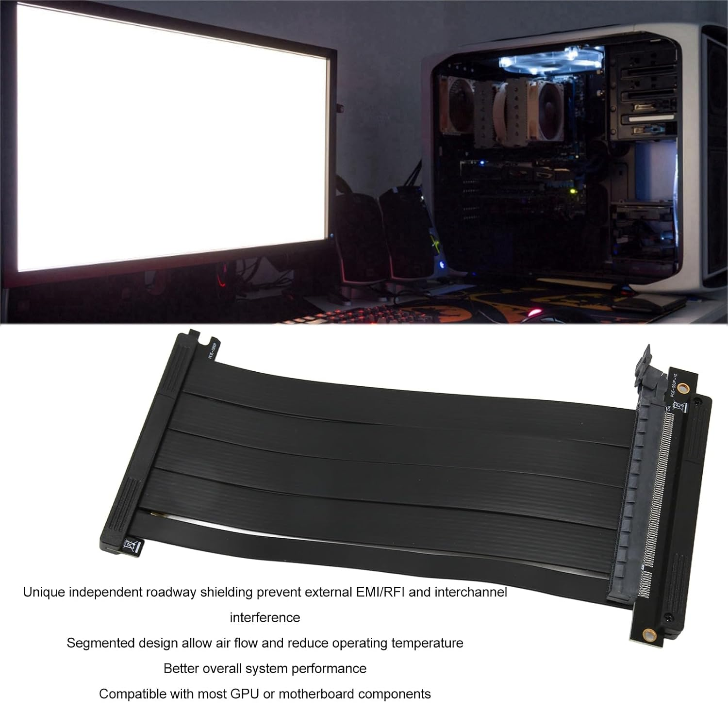 PCIE 4.0 X16 Riser Cable, High Speed Flexible Right Angle PCIE Port GPU Graphic Card Extension Cable, Dual Reverse PCIE 4.0 Extender Riser Cable for Gaming image number 2