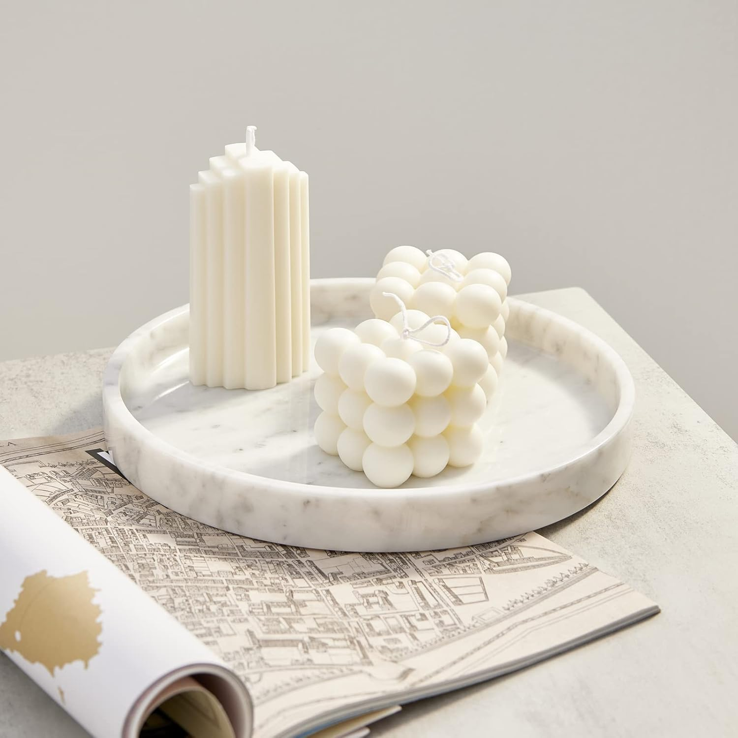 PHINILUX   100% Marble round Vanity Tray 10&lsquo;&rsquo;, Minimalist Modern Decor & Serving Trays for Bathroom, Kitchen, Nightstand, Jewelry Ring Dish Holder, Table Accents Decor, White image number 3