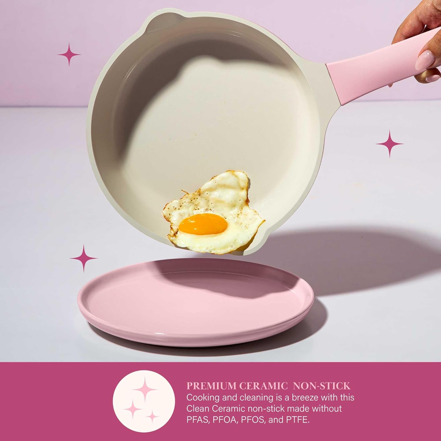 Paris Hilton Ceramic Nonstick Cookware Set, Cast Aluminum with Dual Layer Nonstick Coating, Gold Heart Knobs, Stay-Cool Handles, Made without PFAS, PFOA, PFOS & PTFE, Dishwasher Safe, 10-Piece, Pink image number 2