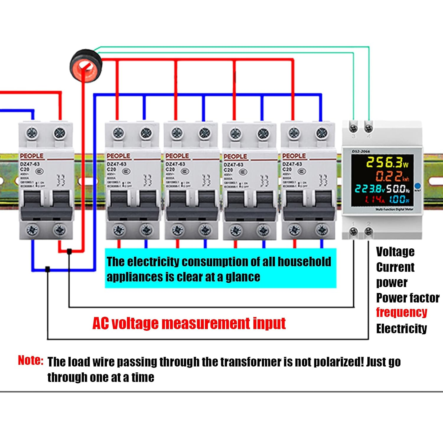 Single Phase Energy Meter Tester Rail Electricity Usage Monitor AC 40-300V 100A LCD Voltmeter Ammeter Voltage Amps Watt Kwh Frequency Power Factor Meter Multimeter