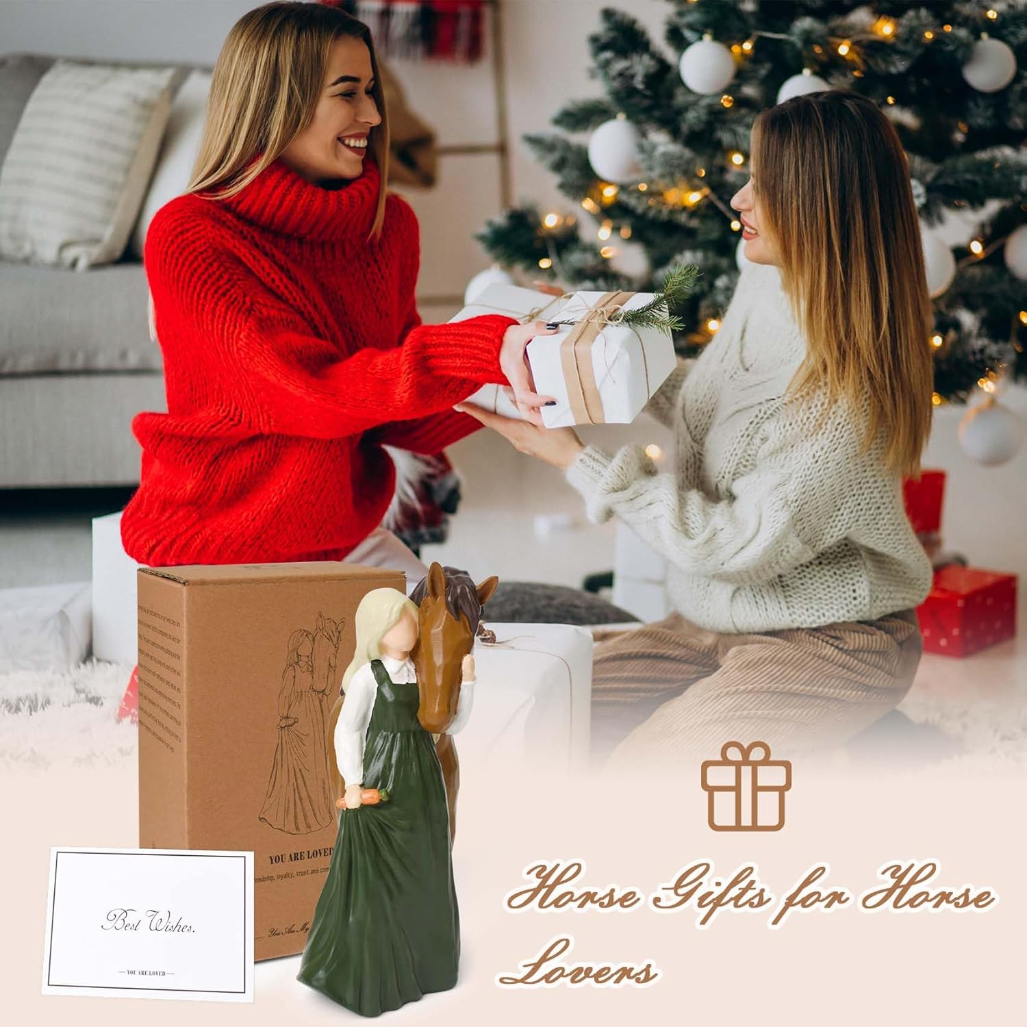 Horse Gifts for Girls Women Horse Lovers, Hand-Painted Girl Embraces Horse Figurines, Resin Horses Decor Statue Memorial Gifts for Birthday Christmas