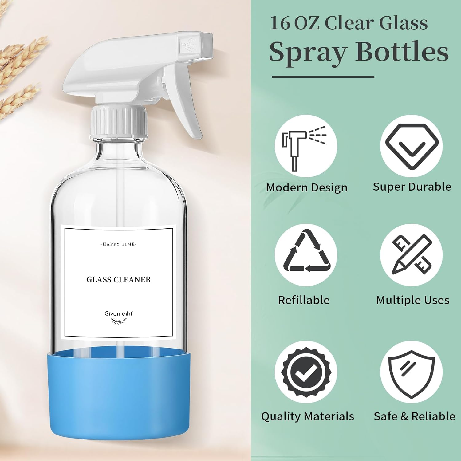 GIVAMEIHF 2 Pack Glass Spray Bottles with Silicone Sleeve,16Oz Clear Glass Spray Bottles Refillable Empty Bottle with Adjustable Nozzle,Spray Bottle for Essential Oils,Cleaning Solutions,Pets,Hair image number 3