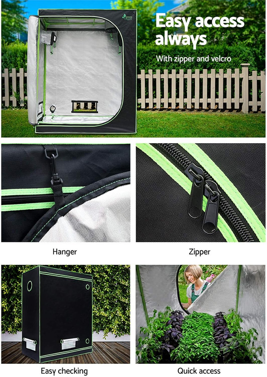 Green Fingers Grow Tent 120 X 60 X 150Cm Hydroponics Growing System Indoor Greenhouse Hydroponic Indoor Plant Kits,600D Oxford Cloth Green Exterior and Steel Frame with Highly Reflective Inside image number 5