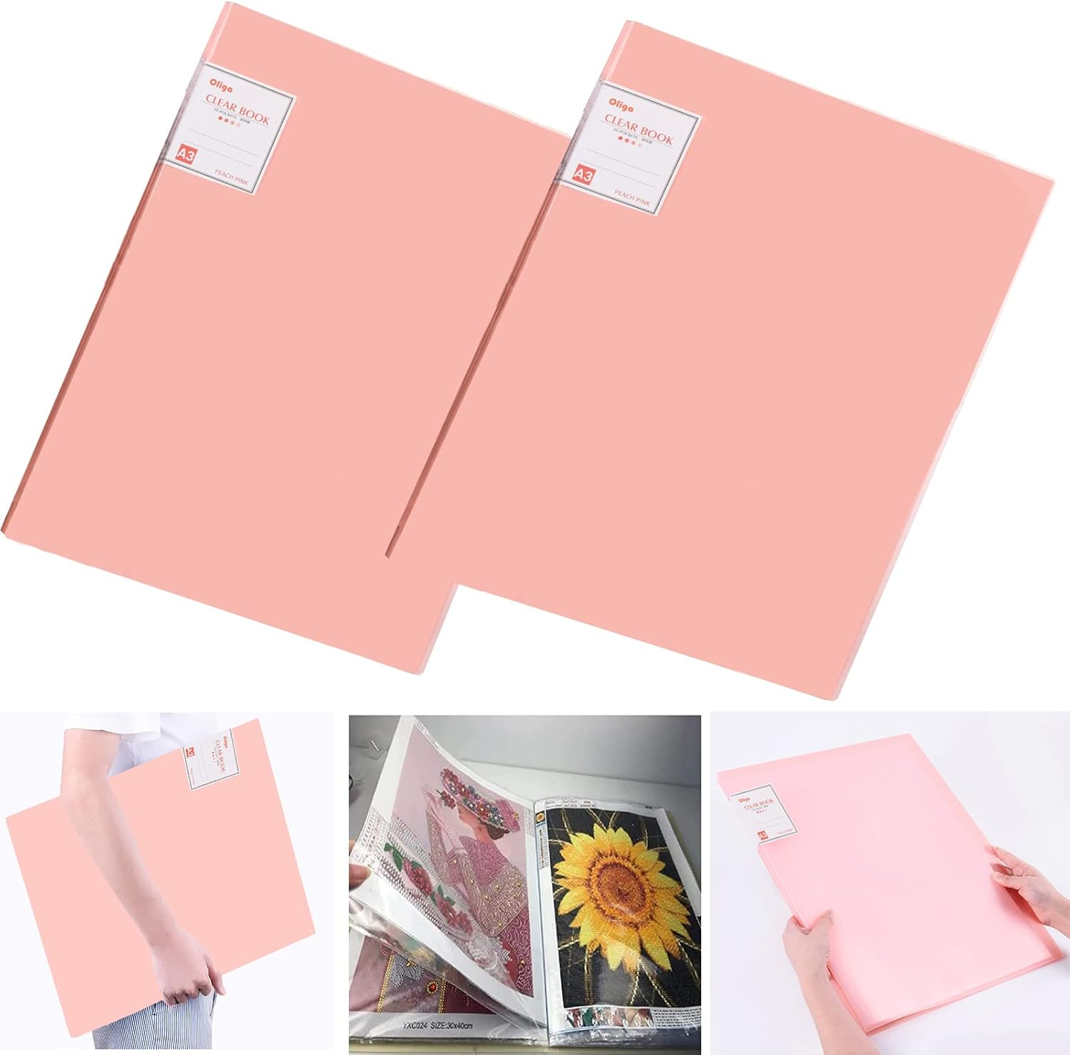 2Pcs A3 Diamond Art Painting Storage Book, Diamond Art Portfolio Folder with 30 Pags Clear Pocket Slevees Protectors, A3 Storage Book with Handle,Large Artwork Report Sheet Letter Poster Storage Bag - Blue image number 5