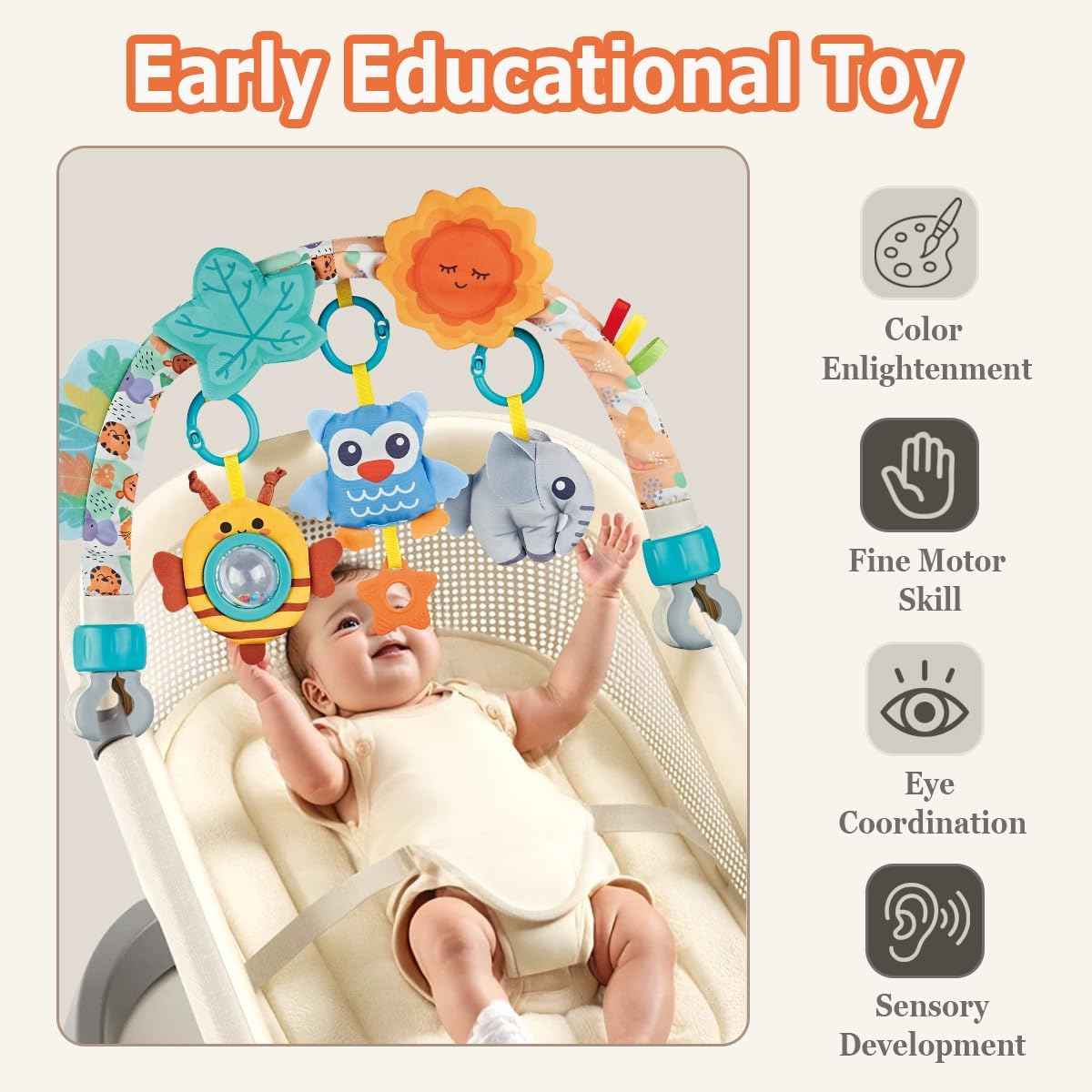 Baby Arch Activity Toy for Infant ＆ Toddlers, Fits Stroller, Car Seat and Bassinest, Baby Adjustable Crib Hanging Toy with Rattles, Stimulates Baby'S Senses and Motor Skills Development(Animals)