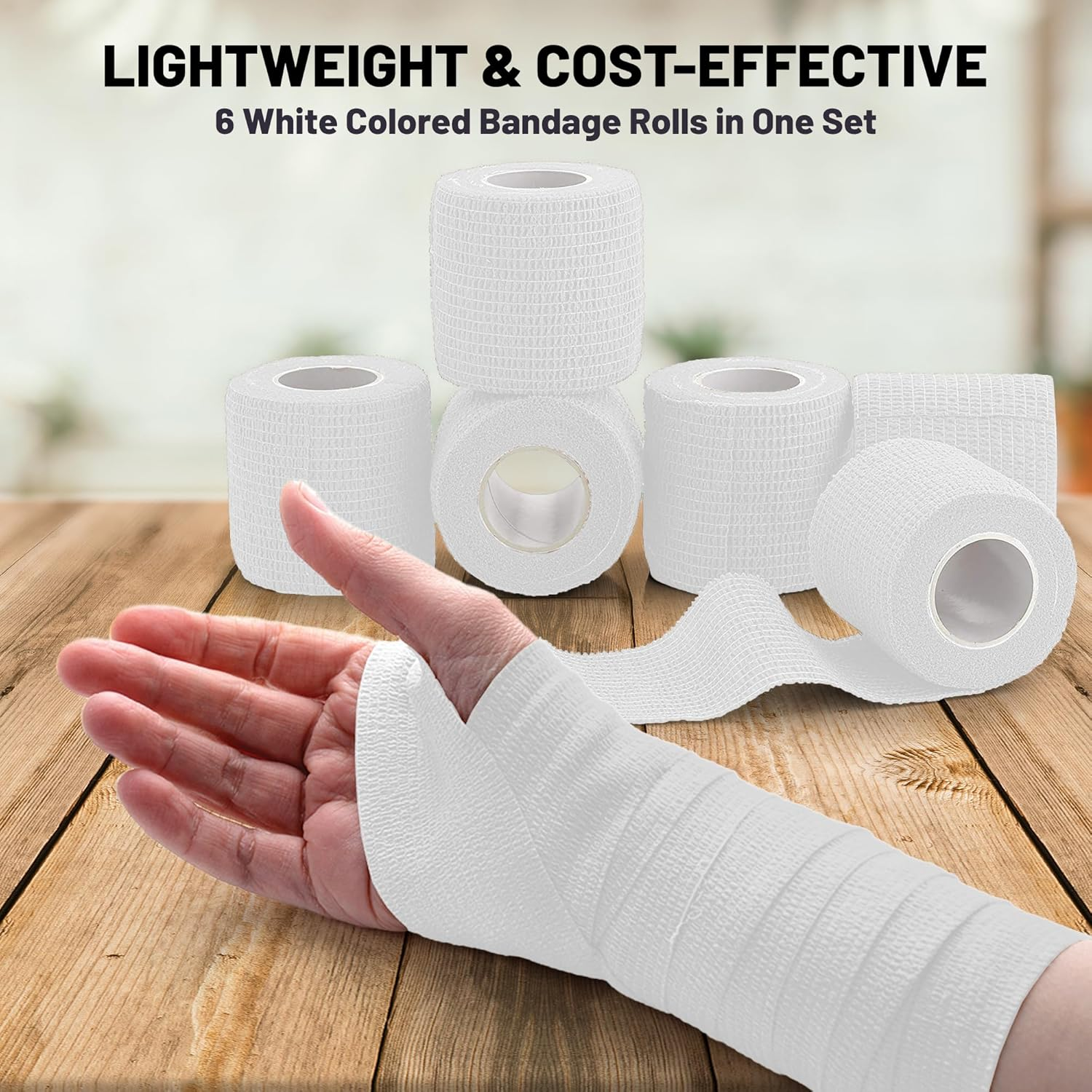 6 Pack, Self Adherent Cohesive Tape - 2&rdquo; X 5 Yards, Self Adhesive Bandage Rolls & Sports Athletic Wrap for Ankle, Wrist, Knee Sprains and Swelling, Vet Wraps in White Color image number 2