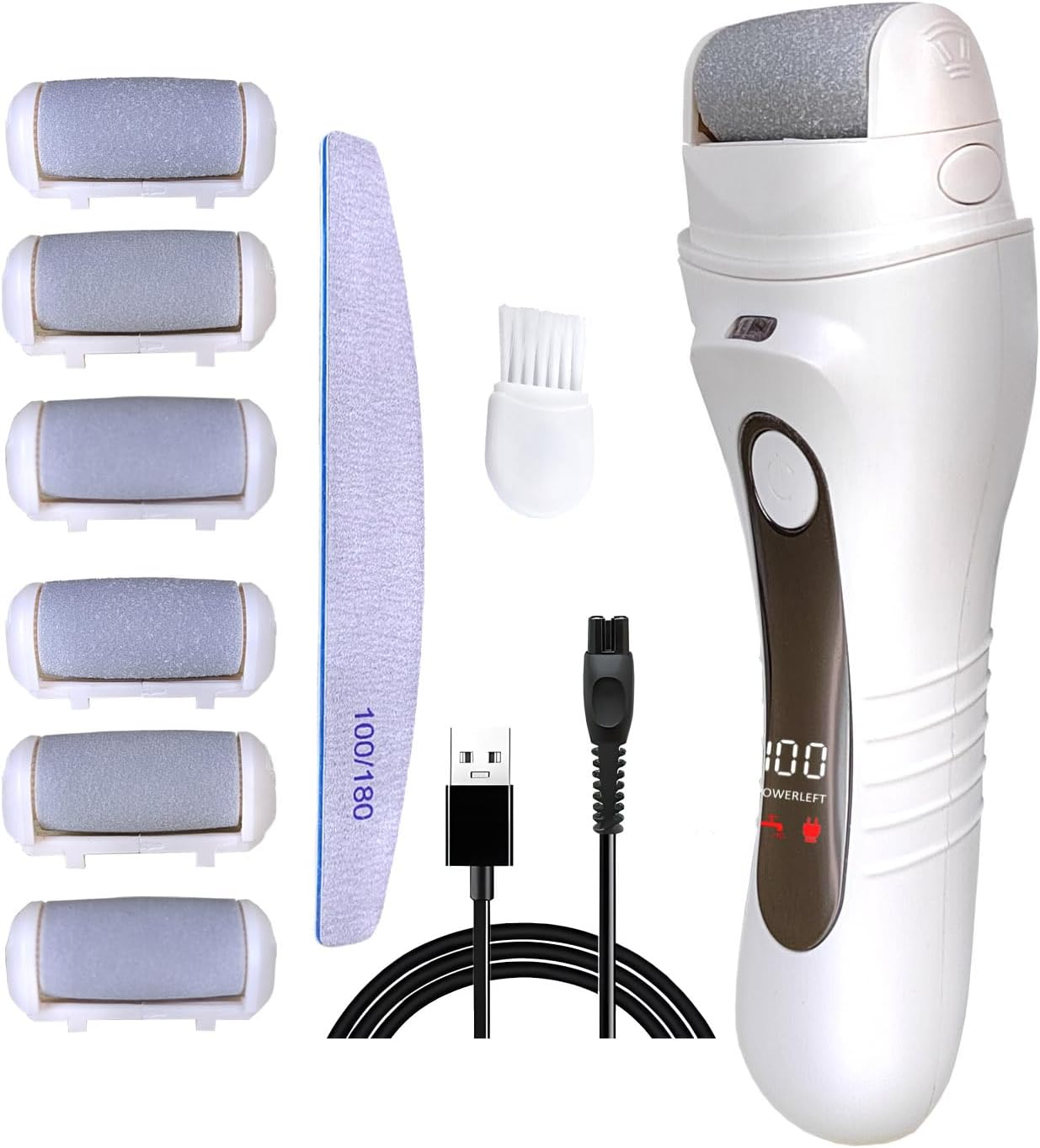 Electric Callus Remover Foot Care Device Pedicure Set Electronic Foot Care Callus File, USB Rechargeable, with 3 Replacement Rollers, Cleaning Brush and Collection Container, White image number 5