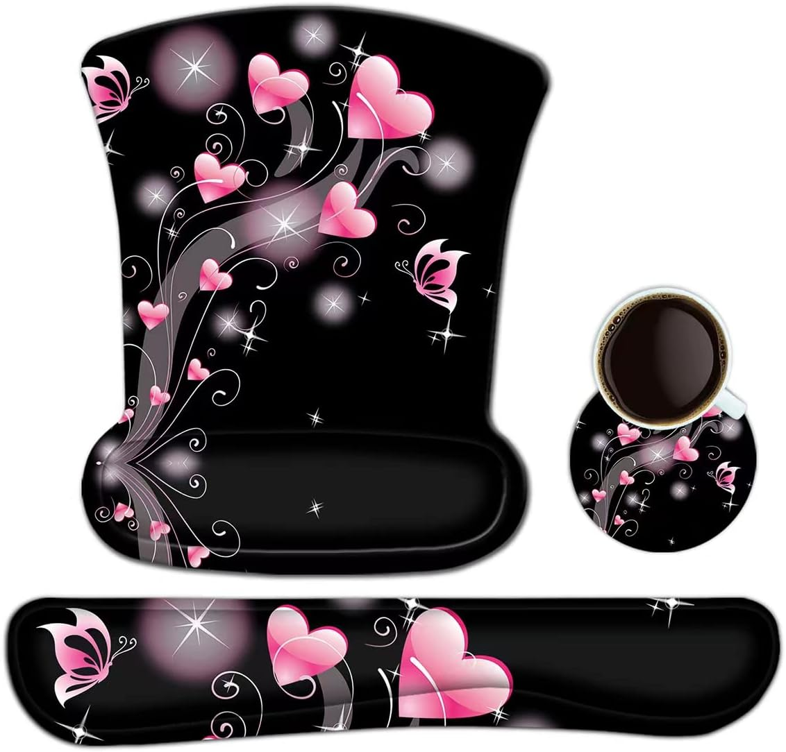 Keyboard Wrist Rest Pad Ergonomic Mouse Pad Set, Tolulu Cute Mouse Pad for Computer Laptop, Non Slip Mousepad Keyboard Wrist Support with Raised Memory Foam for Easy Typing & Pain Relief, Pink Hearts