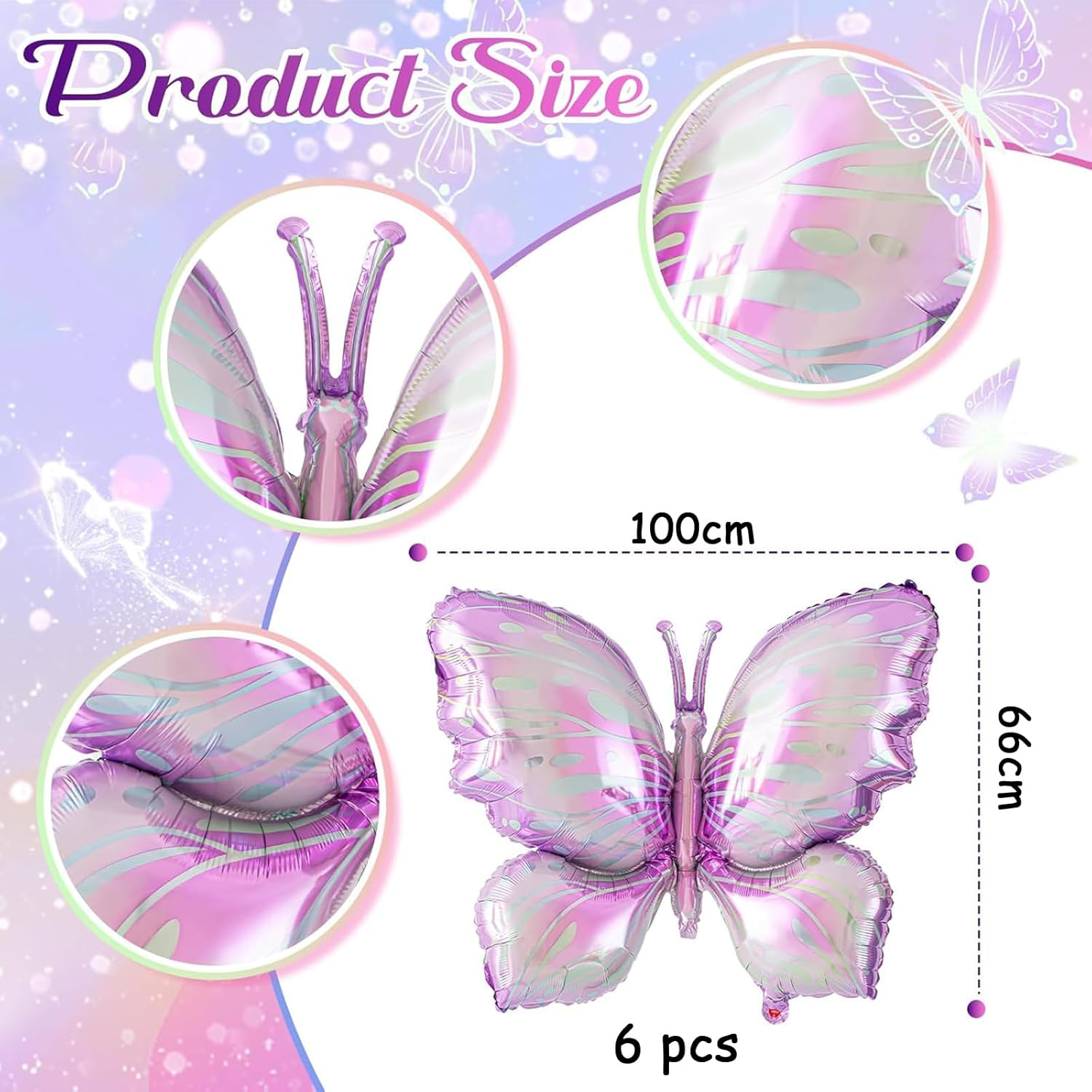 Purple Butterfly Balloons 6 Pcs Butterfly Foil Mylar Balloons for Butterfly Themed Party Wedding Birthday Party Baby Shower Decorations Supplies (100X66Cm) image number 3