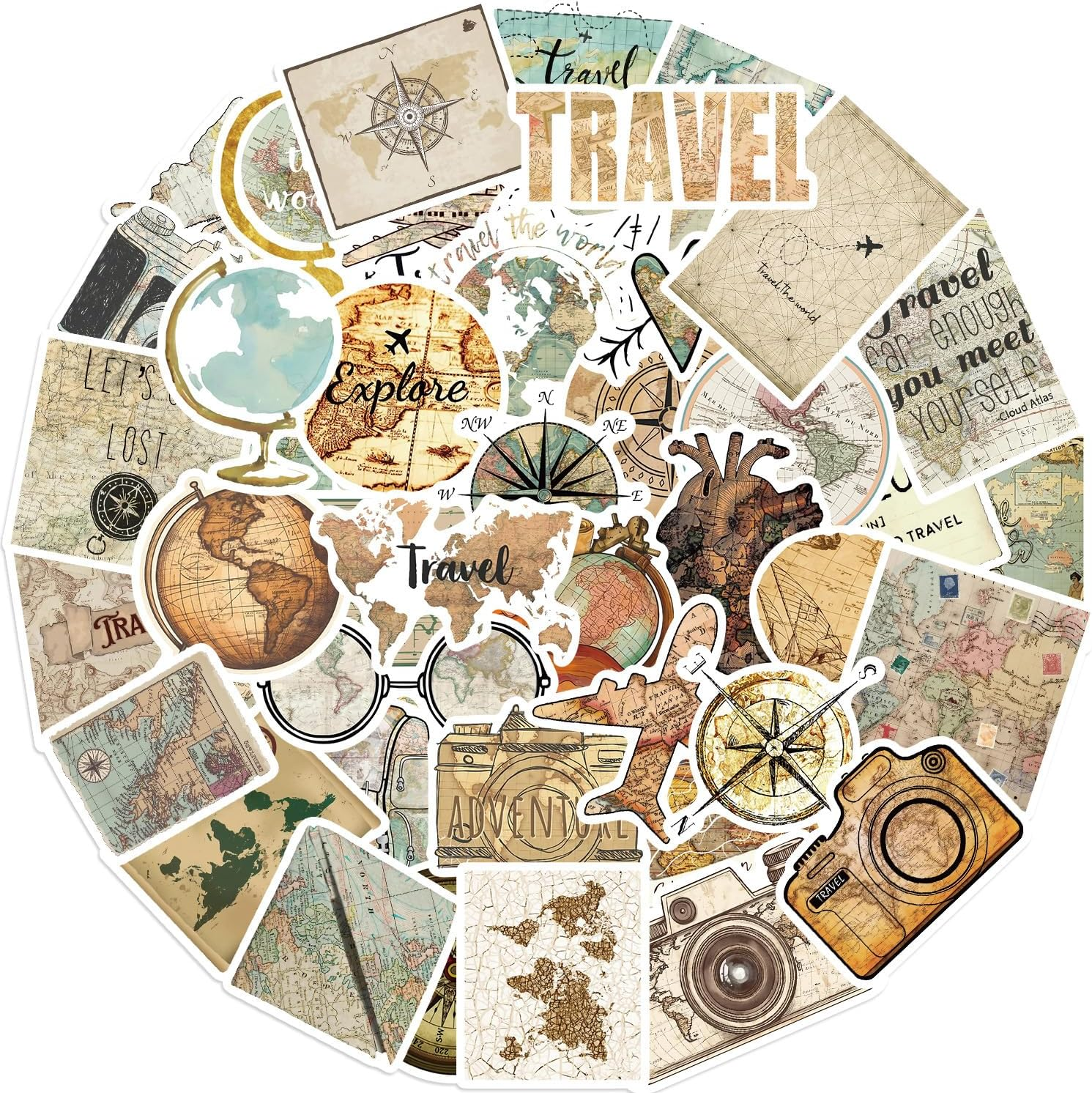 50 Pcs Travel Clock Map Stickers for Teens Girls Boys Child Adults,Retro Tourism Stickers for Laptop,Water Bottles,Bicycle,Skateboard,Computer,Waterproof Vinyl for Wall,Graffiti Stickers Pack image number 2