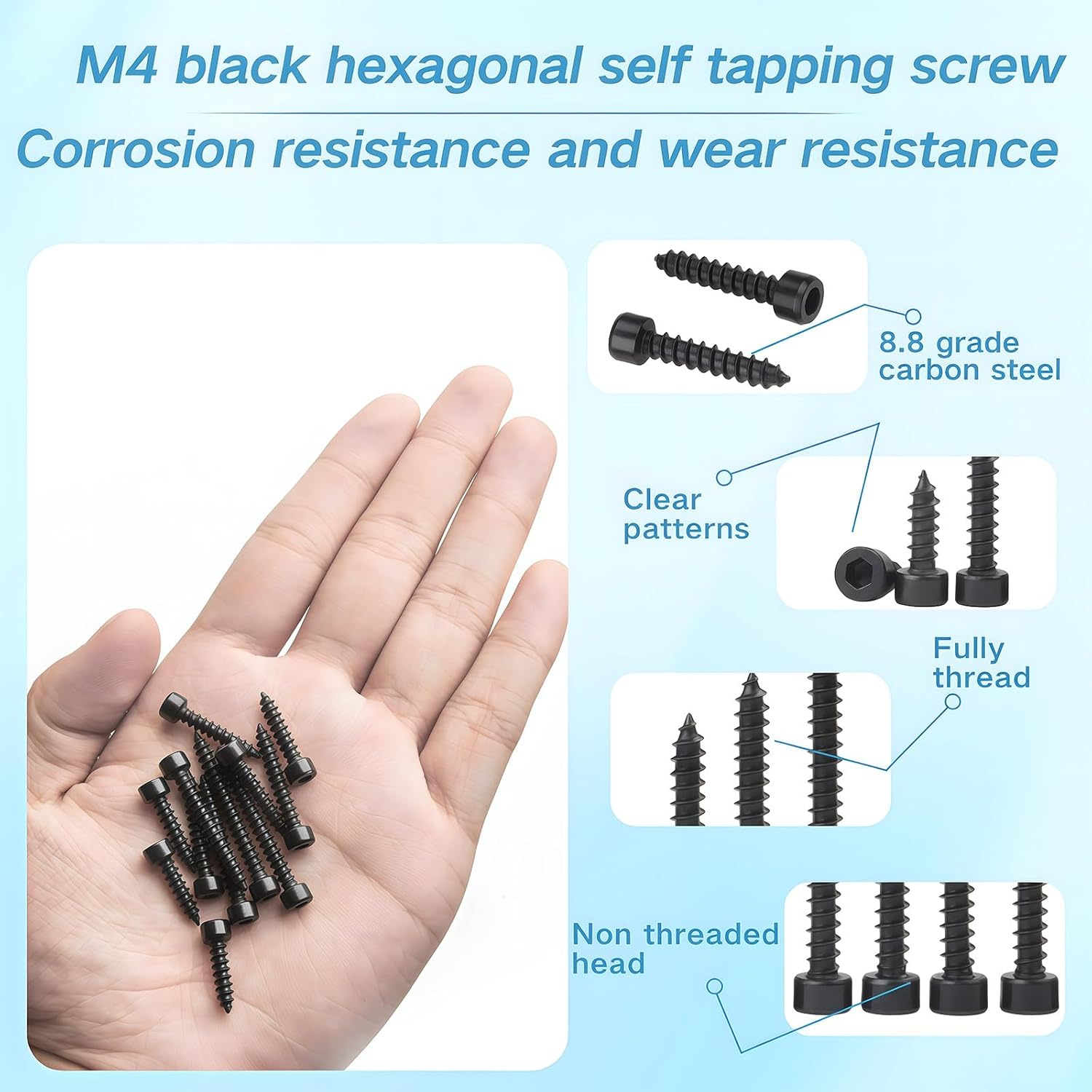 Zmbroll Hex Socket Head Cap Self Tapping Screws M4X8/10/12/14/16/18/20/25/30/35Mm Grade 8.8 Black Carbon Steel 220Pcs M4 Hex Socket Drive Allen Head Sheet Metal Wood Screw with Wrenches image number 3