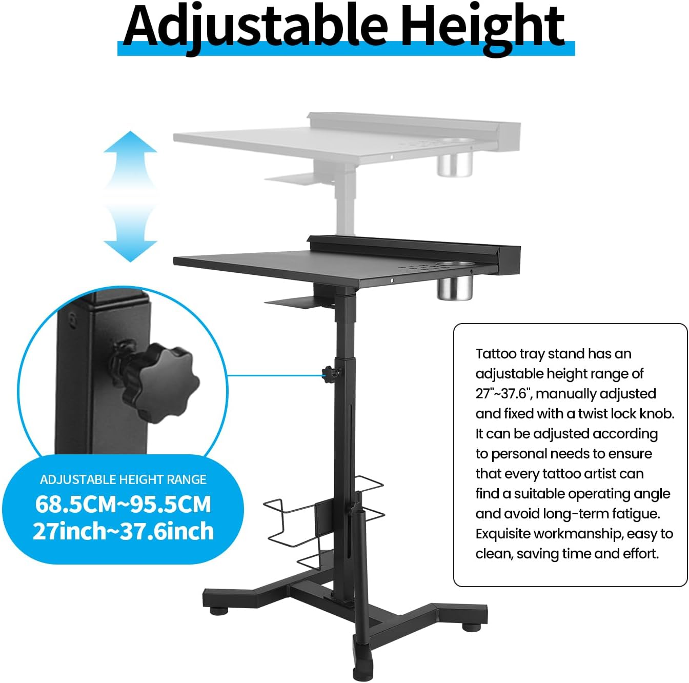 Tattoo Work Station Tattoo Salon Tray Cart Portable Work Table with Detachable Storage Shelf Tattoo Armrest Stand Adjustable Height Tattoo Stand Desk for Tattoo Supplies and Equipment