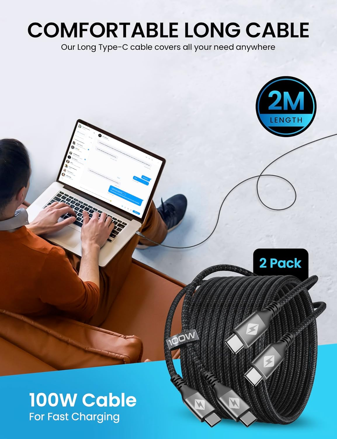 ZYRON 100W USB C to USB C Cable 2M, 2-Pack 5A PD Fast Charging USBC to USBC Wire, Nylon Braided Type C to Type C Cord, 480Mbps Data Sync for Macbook, Ipad, Iphone 16 Pro, S24, Switch (2, Gry, 2M) image number 4