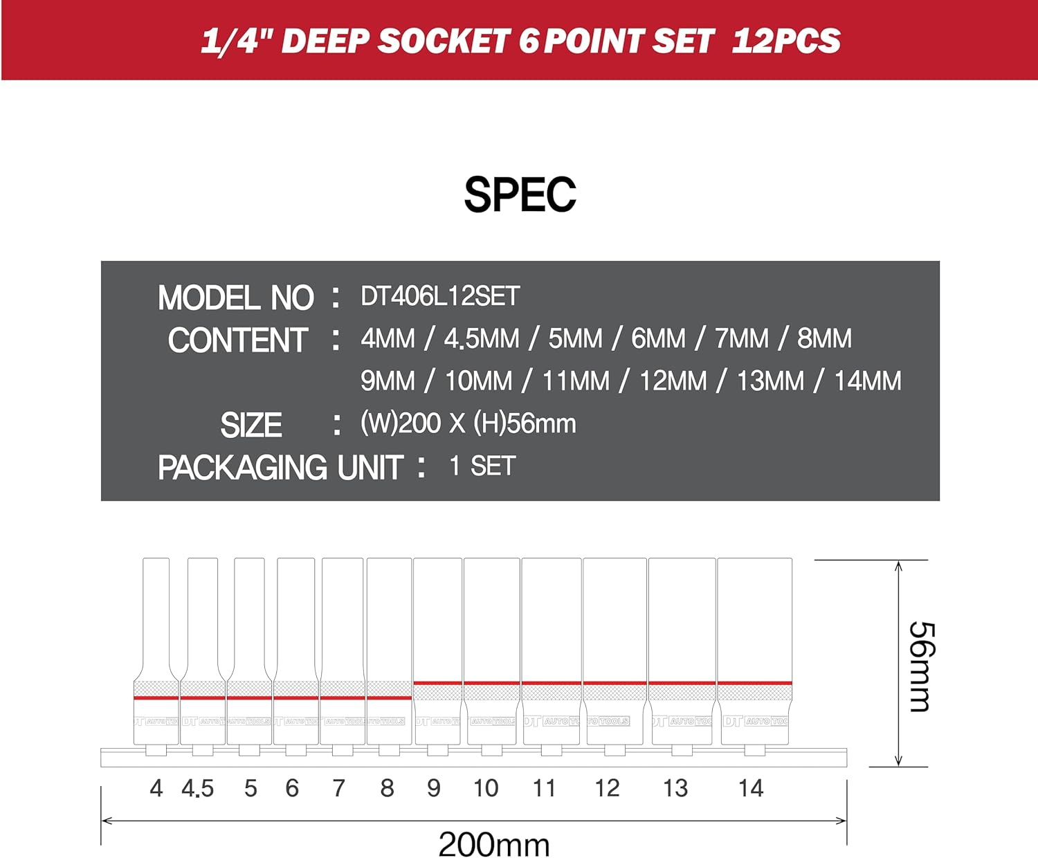 DT Auto Tools 1/4-Inch Deep Socket Set, 12-Piece, 4-14Mm Range, 6-Point Design image number 3