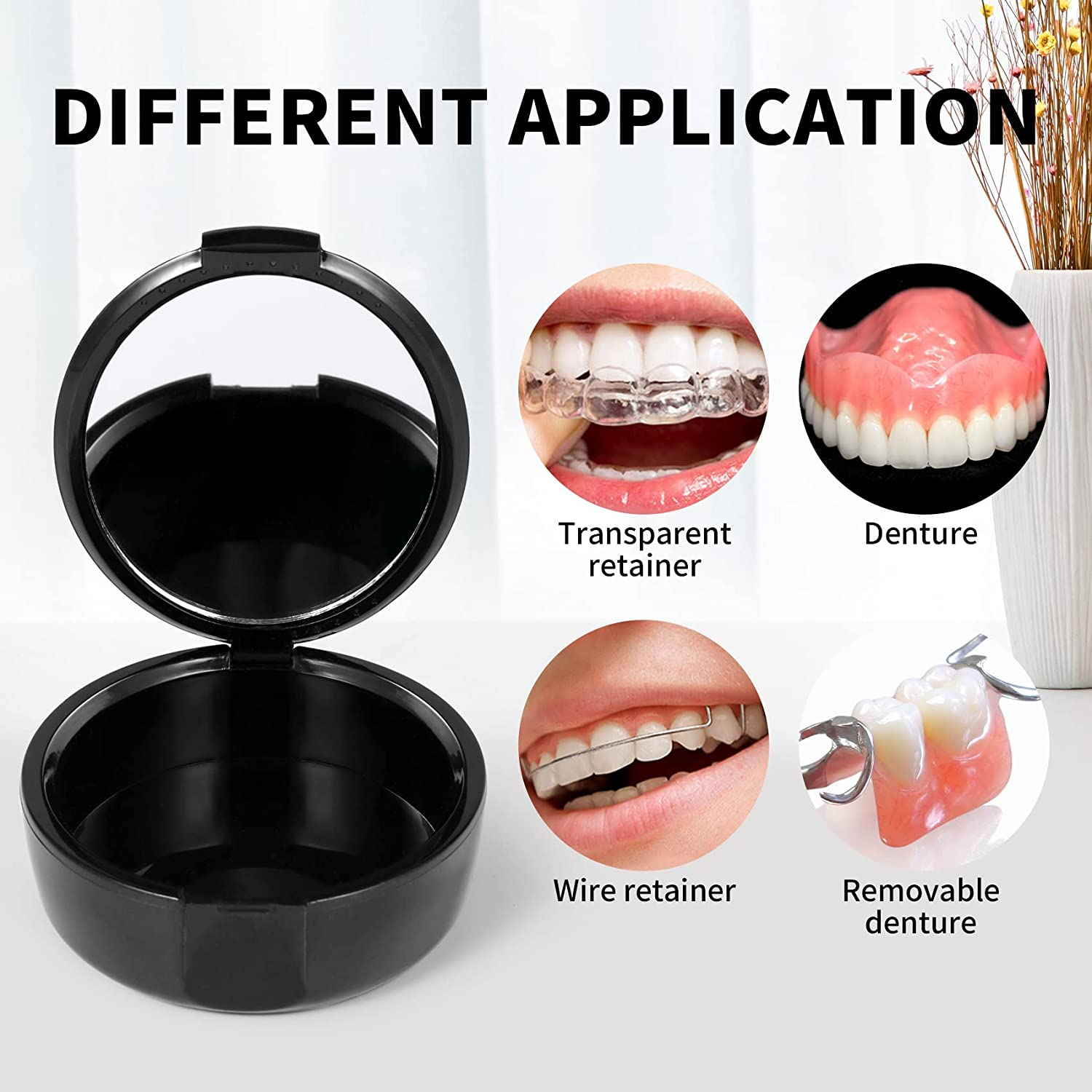 Orthodontic Retainer Case with Mirror, Mouthguard Case Small Retaniner Container Partial Denture Holder Case with Vent Holes for Night Guards, Aligner Trays - Black