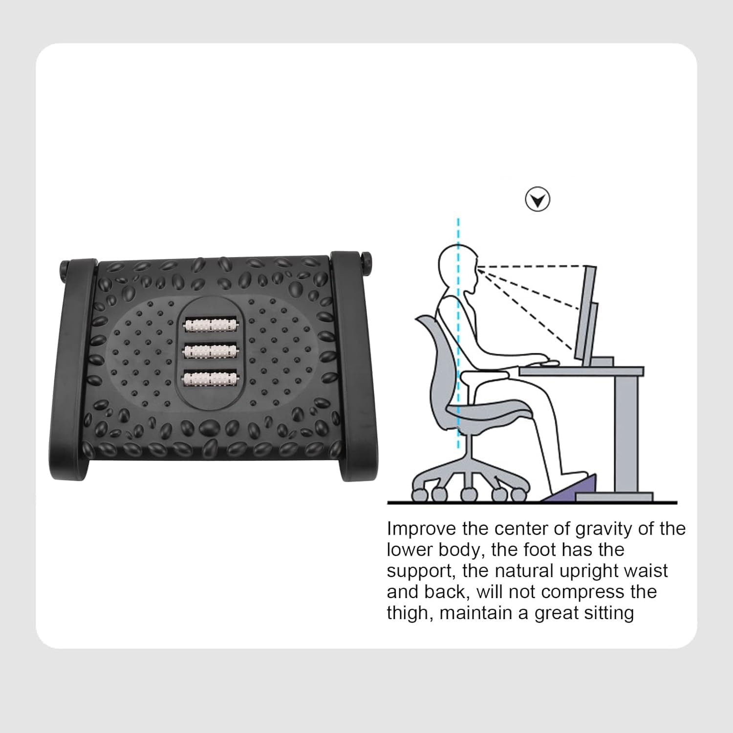 Adjustable Footrest under Desk, 6 Height Adjustable Ergonomic Comfort Foot Stool at Work with Massage Texture and Roller, Foot Support for Home & Office (Black) - Black image number 3