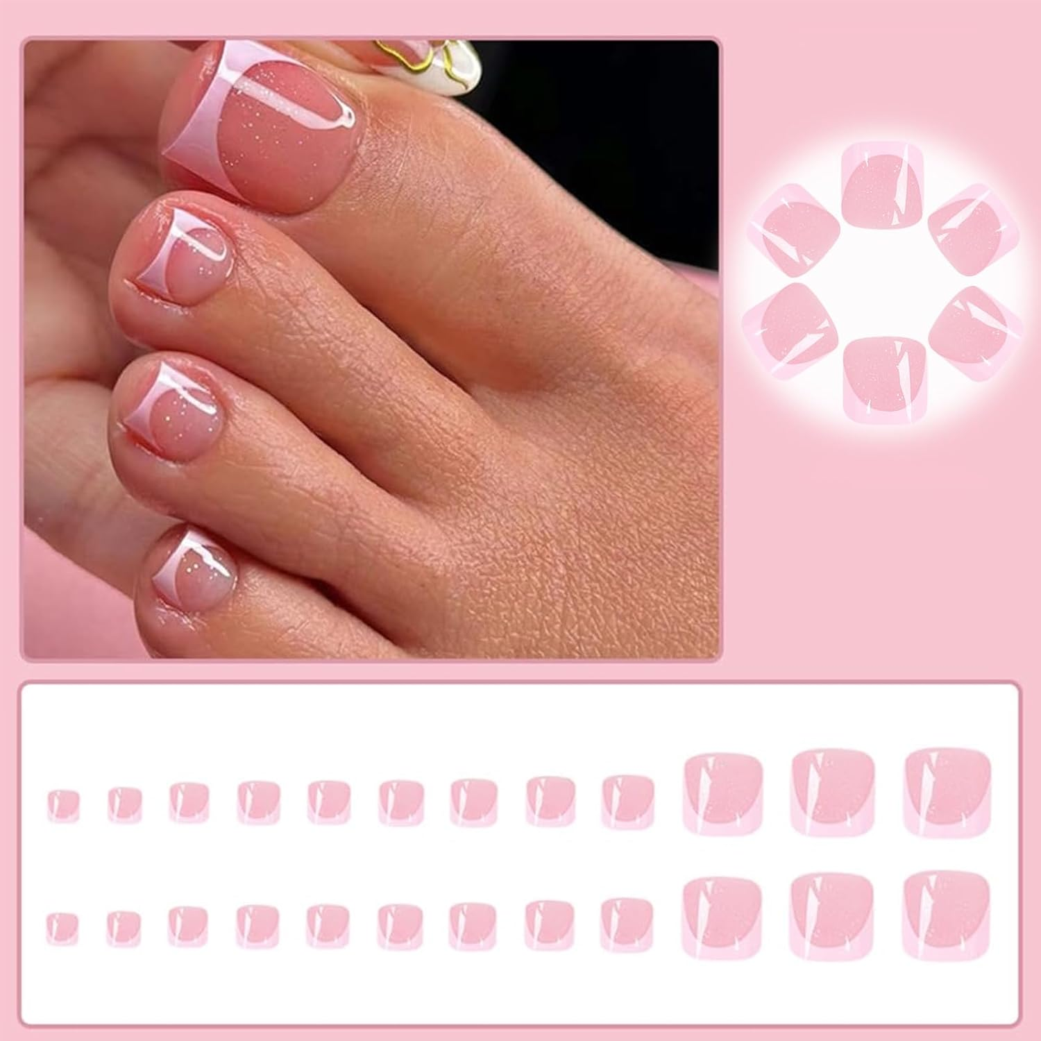 ASOMI 24 Pieces Summer Pink Push on Toenails for Women Push on Toenail Tips with Jelly Glue Tool and Glue, Shiny French Design image number 6