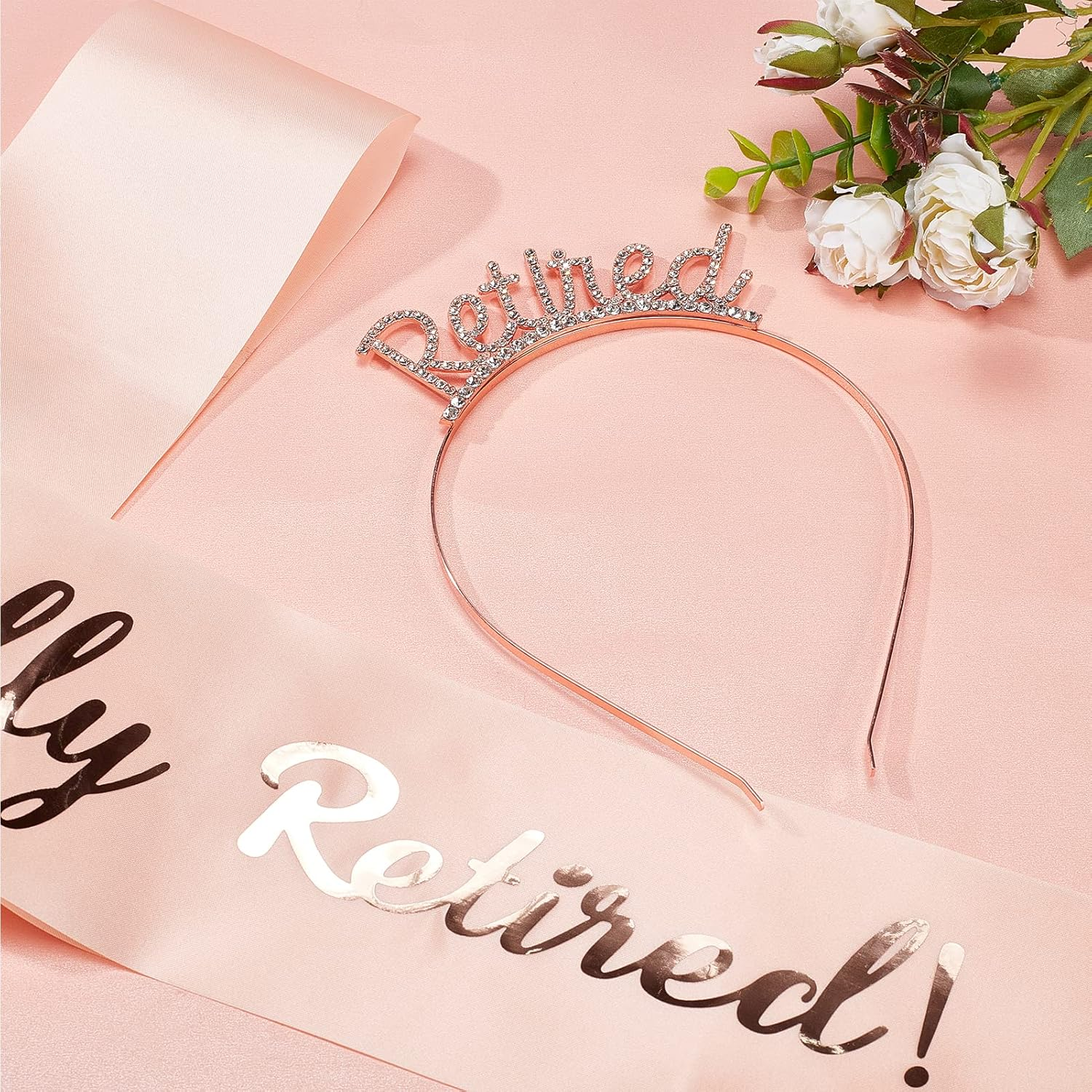 NICENEEDED Officially Retired Retirement Party Set, Rose Gold Tiara Crown & Pink Belt Wtth Gold Lettering, Retired Rhinestones Headband Sash for Women Party Supplies Gifs - Style 6 image number 5