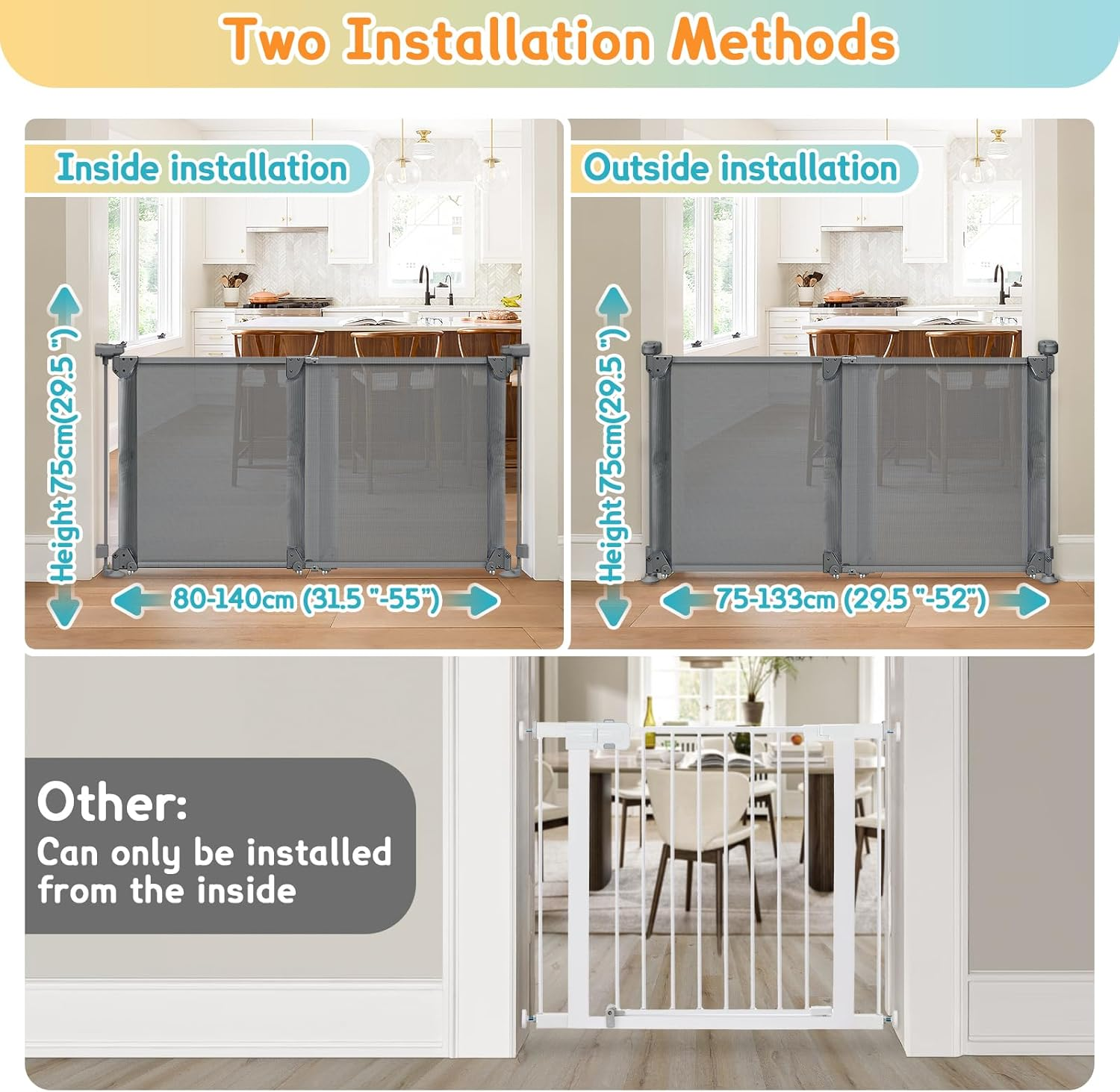 Foldable Baby Gate, Adjustable Baby Gates for Doorways, Dog Gate Adjustable Width 80 to 140Cm, 75Cm Tall Pet Gate One Handed Operation, Mesh Safety Gate for Stairs/Hallways/Outdoor/Indoor