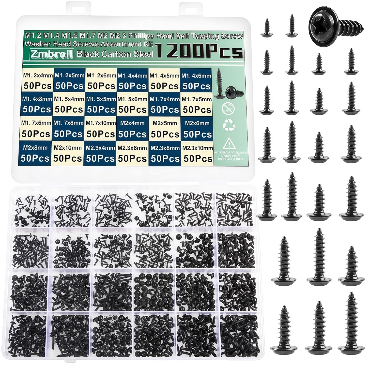 Zmbroll 1200Pcs Silver Phillips Truss Head Self-Tapping Screws M1.2/1.4/1.5/1.7/2/2.3 Wafer Head Wood Screws Pan Head with Washer Tapper Fastener Tiny Screw Micro Screws for Electronic Repair