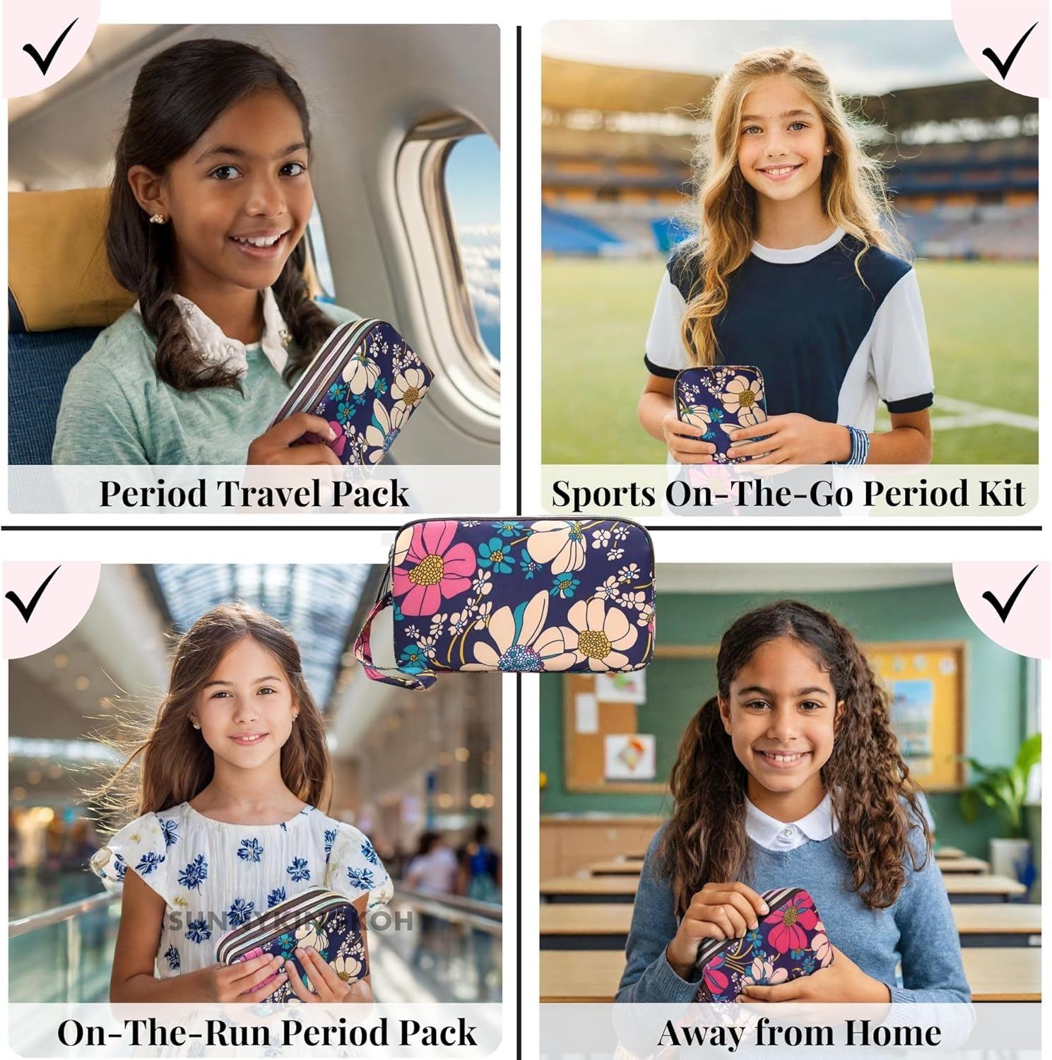 First Period Pal Pack To-Go Kit | 26 Pcs | First Period Kit for Tweens | Teen Period Kit| Discrete Period Bag, Pads, Panty Liners, Period Kits for Tweens 10-12 (Florets) image number 1