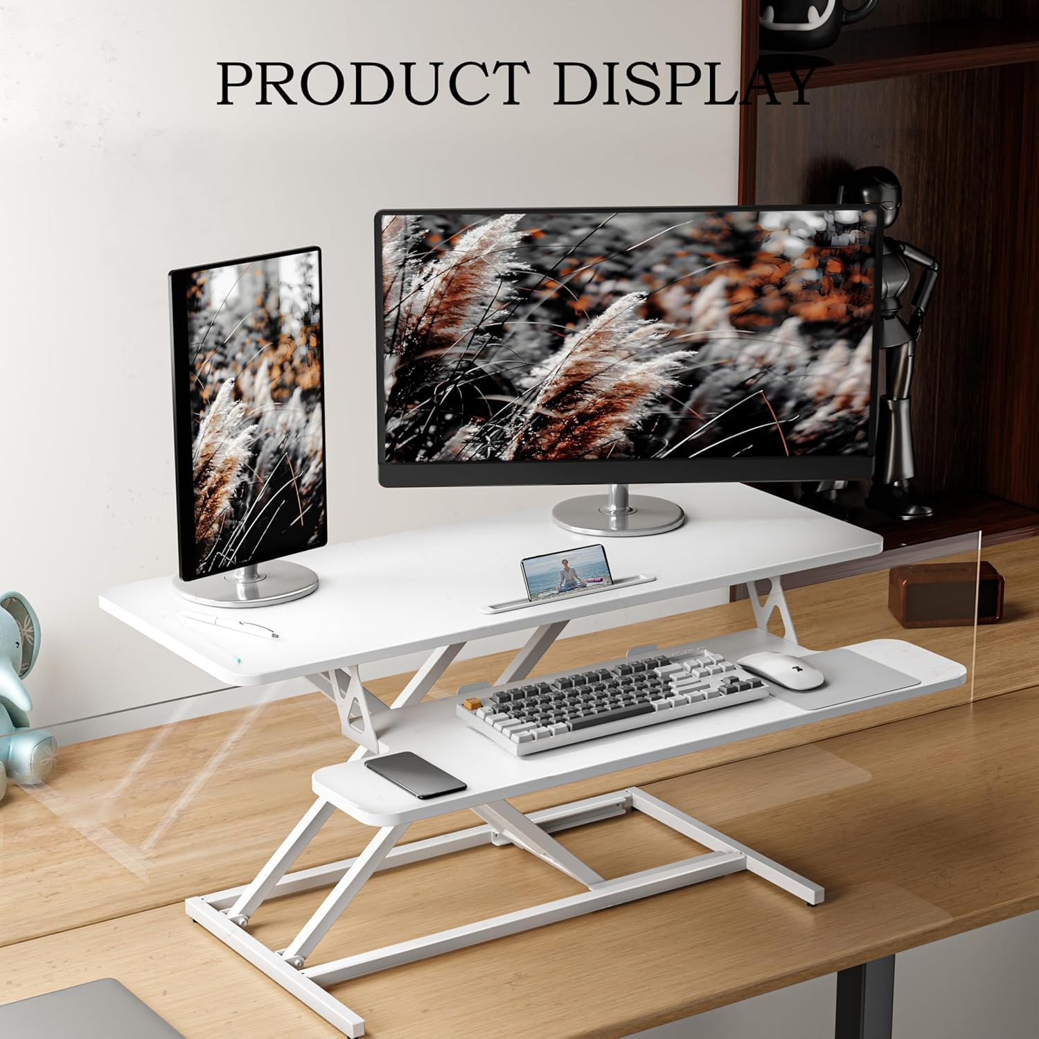 ERGOMAKER 101Cm Standing Desk Converter, Height Adjustable Sit to Stand Riser, Dual Monitor and Laptop Workstation with Wide Keyboard Tray, White image number 3