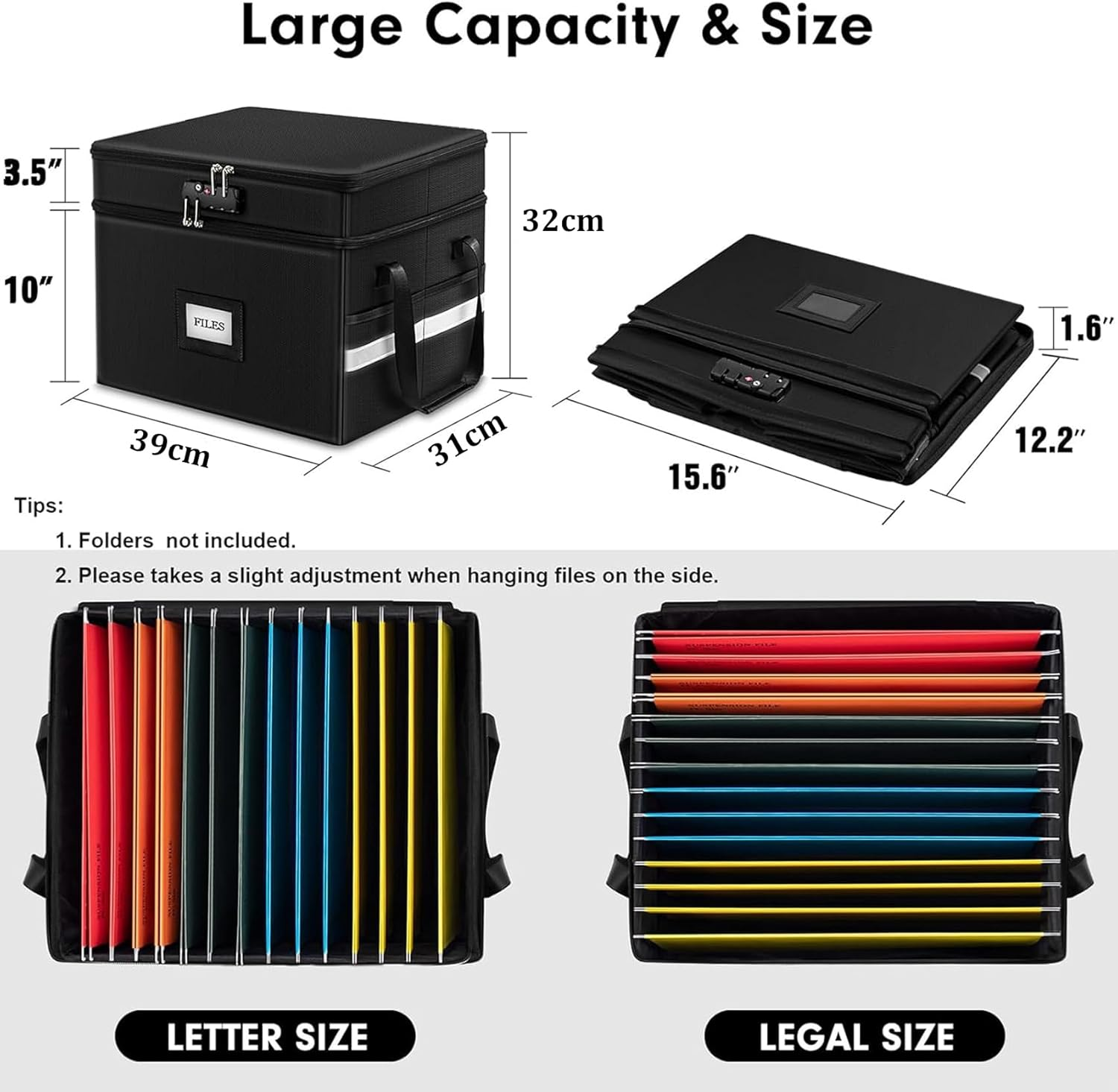 Fireproof Document Safe Box with Lock, Portable Collapsible File Cabinet Storage Organizer for Hanging Letter, Legal Size Folder, 40 * 31 * 33Cm Black image number 4
