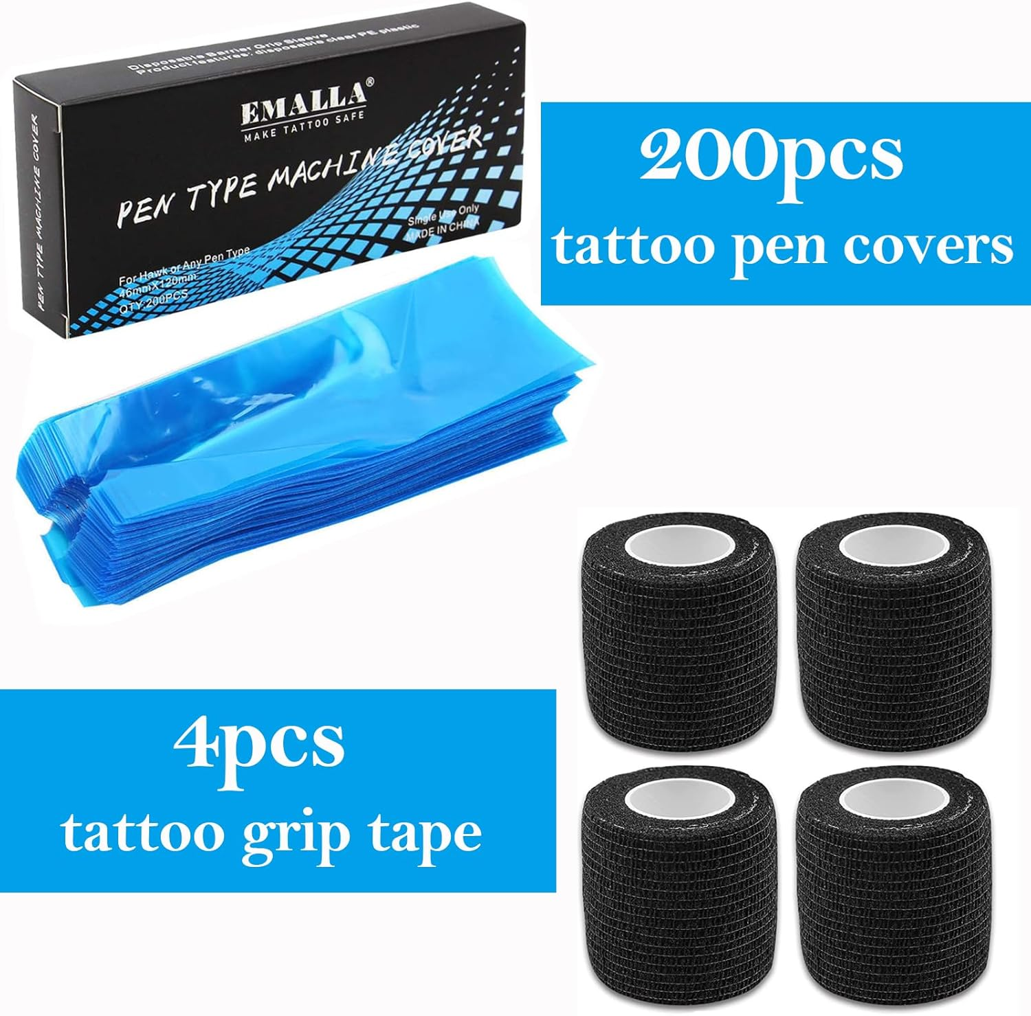 Urknall Pen Machine Covers with Grip Tapes, 200Pcs Tattoo Pen Covers and 4Pcs Tattoo Grip Wrap Tattoo Machine Bags Tattoo Grip Covers Tattoo Pen Sleeves Combination Tattoo Supplies image number 4