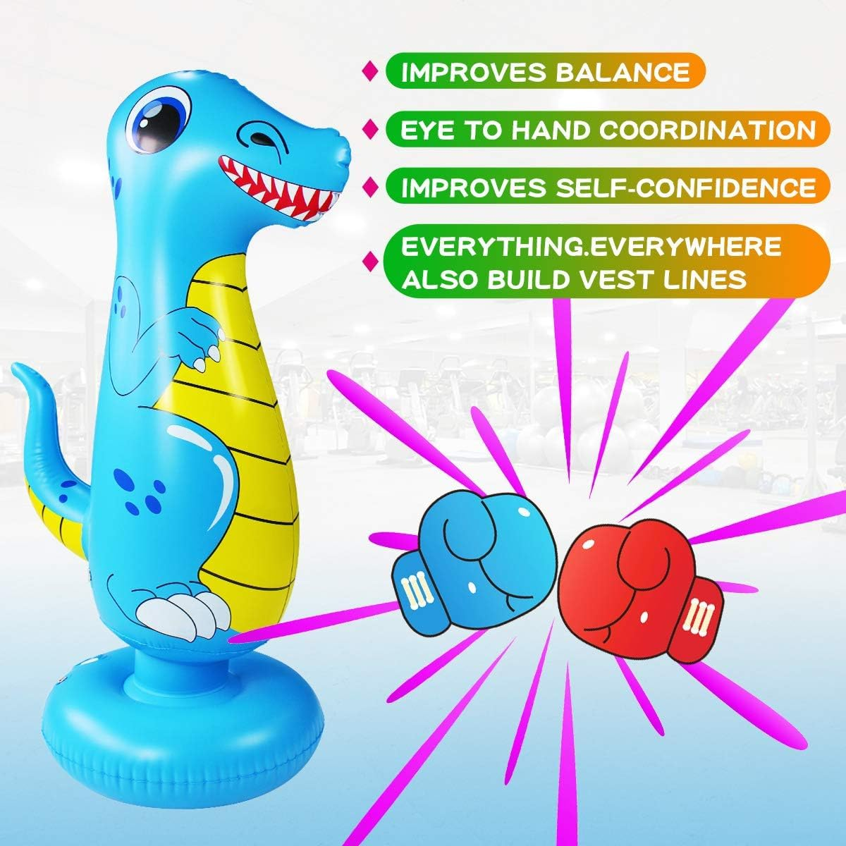 Punching Bag for Kids 47" Inflatable Dinosaur Bop Bag Free Standing Boxing Bag for Immediate Bounce Back Heavy Punching Bag for Practicing Karate,Taekwondo,De-Stress Boxing Bag for Boy/Girl
