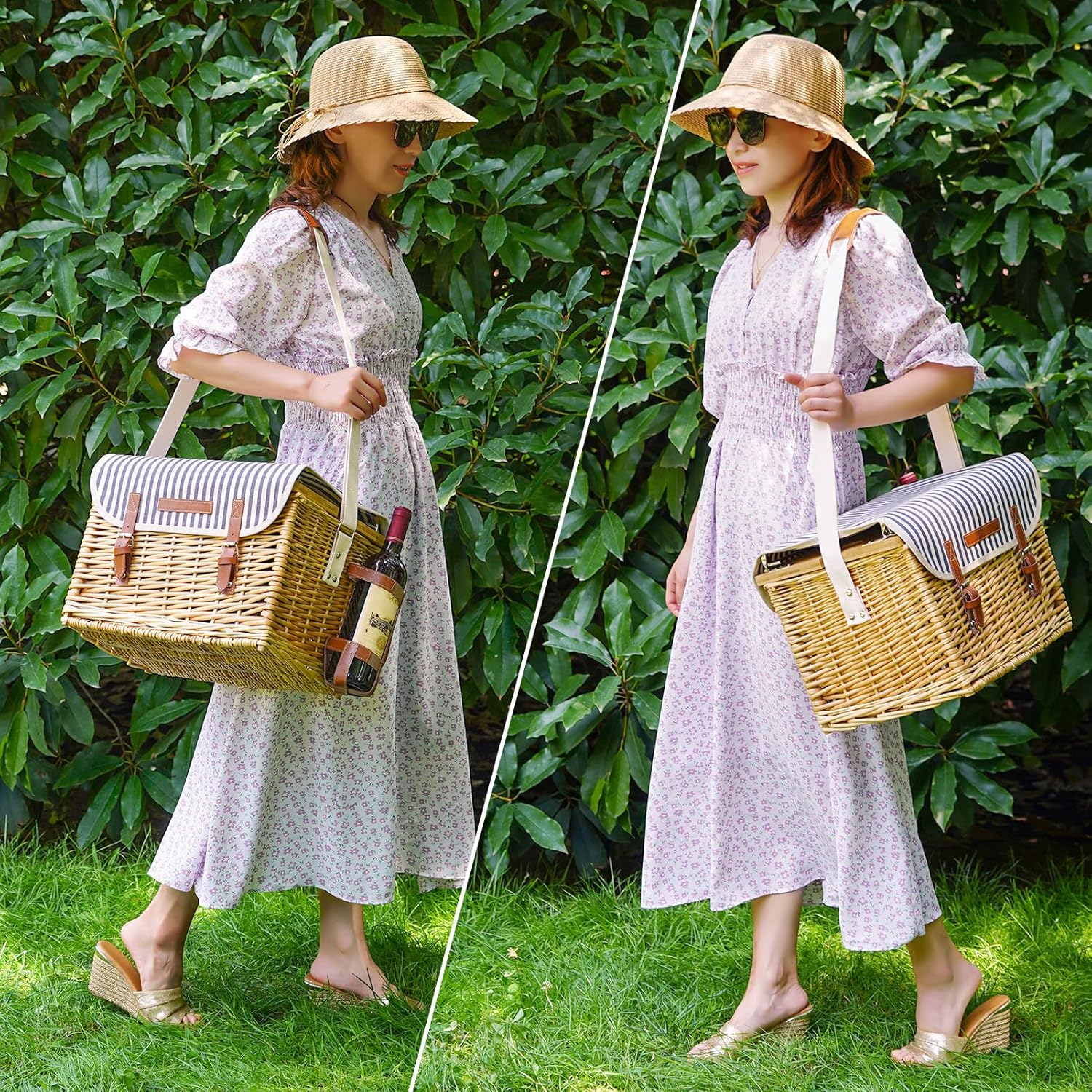 Wicker Picnic Basket for 2 with Detachable Table, Elasticated Wine Holder, Shoulder Carrying Willow Picnic Hamper Set with Premium Tableware & Blanket for Outdoor, Wedding, Anniversary, Birthday Gift image number 2