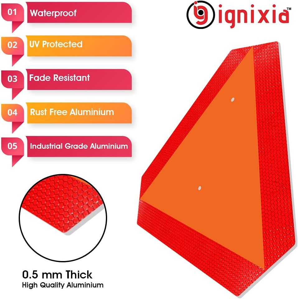 Ignixia Slow Moving Vehicle Sign, 0.4 Mil Rust Free Aluminium Slow Moving Vehicle Triangle Signs, 14&rdquo;X 16&rdquo; Inches Orange Base with Reflective Border, SMV Sign for Golf Cart, UTV, Safety Signs image number 2