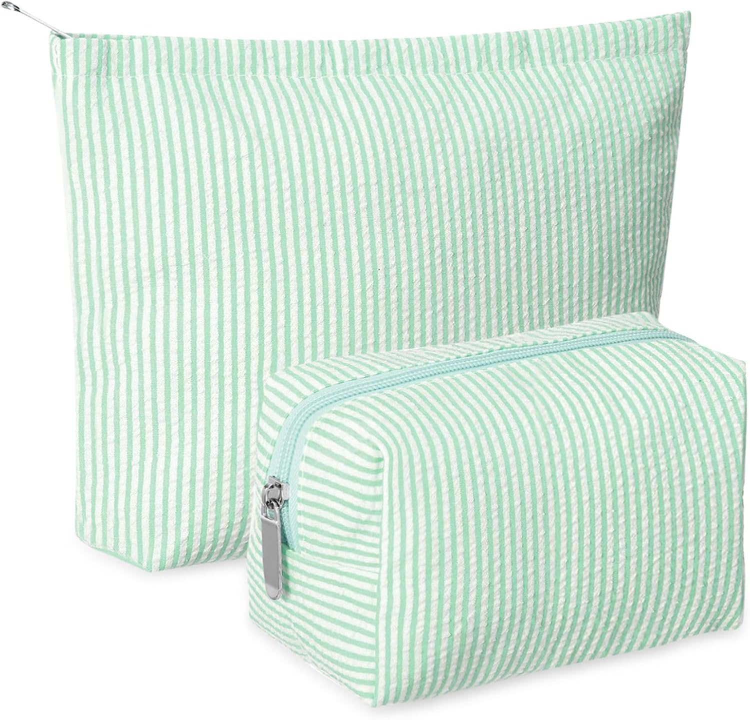 Huhumy 2 Pieces Makeup Bag Set Cute Cosmetic Pouch for Women Seersucker Travel Toiletry Bag Preppy Small Makeup Purse Pouch Aesthetic Skincare Brushes Storage Organizer for Christmas Women, Green