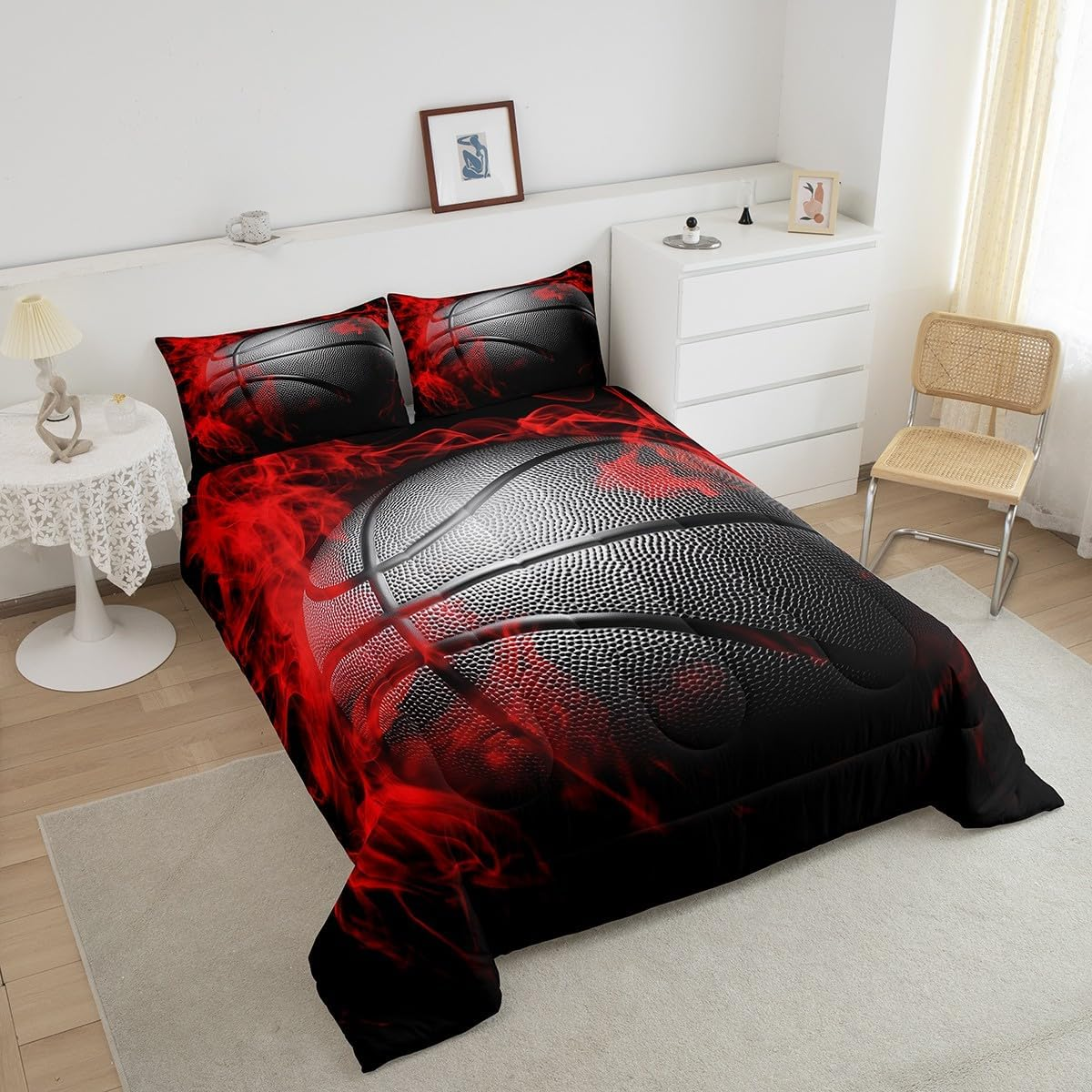 Homewish Basketball Comforter Set King Size Black Basketball Print Bedding Set 3Pcs for Kids Boys Girls Teens Adults Gamer Bedroom Decor,Ball Gaming Sports Theme Duvet Insert with 2 Pillowcases image number 1