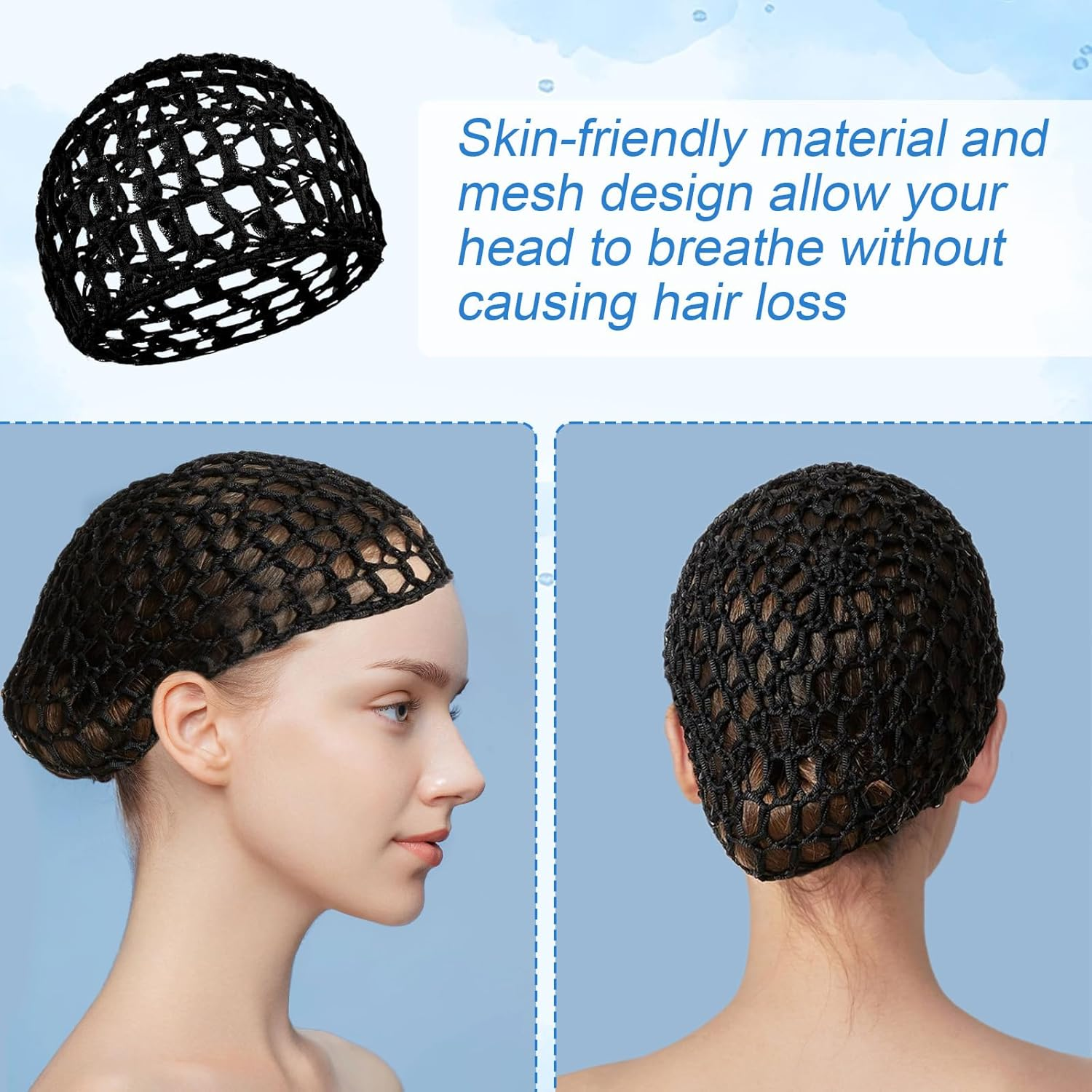 2 PCS Hair Nets for Sleeping,Crochet Mesh Wrap Caps for Silk Press, Curly Hair & Wig Protection,Soft Reusable Bonnets for Women, Lift Strap Weaving Sew for Women Ballet,Black image number 3