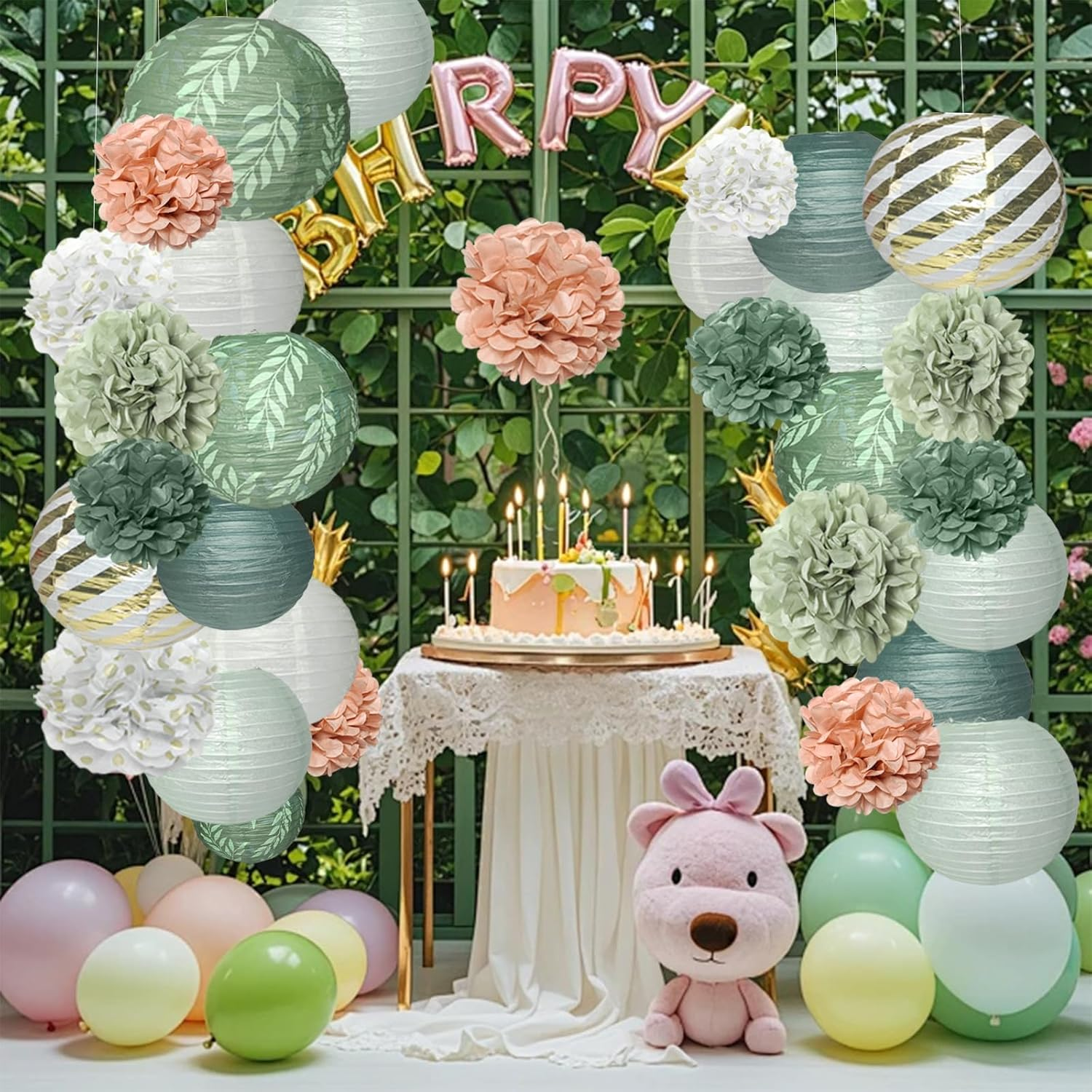 Pack of 12 Paper Lanterns Set Party Decoration in Green, Pink, Gold & White round Paper Lanterns Pompoms for Bride, Lampshade, Birthday Party, Engagement, Wedding, Party image number 3