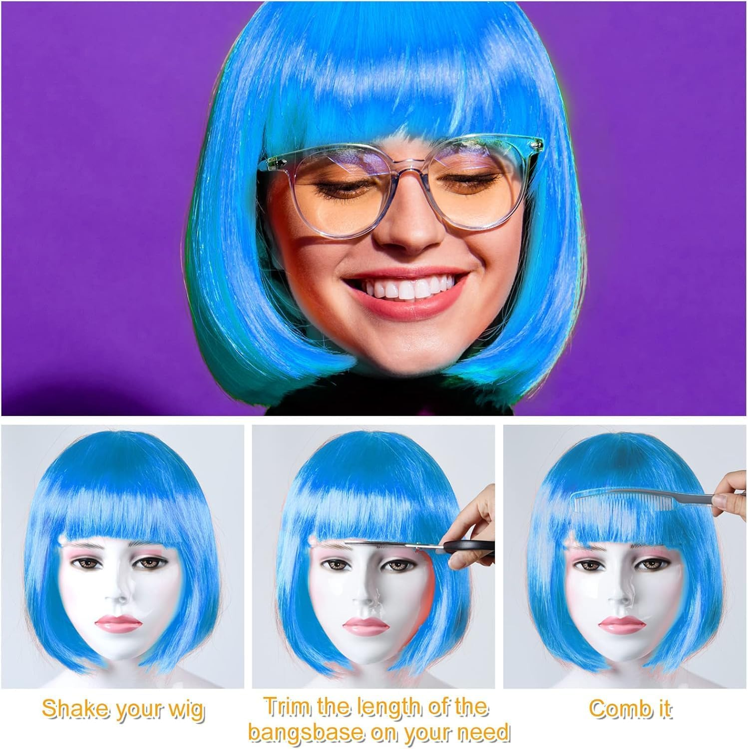 HENWUBEI Sky Blue Bob Wig,Sky Blue Wigs for Women with Double Heart Sunglasses and W-Ig Net Bag,Colourful Wig Perfect for Cosplay, Party, Hall-Oween,Fashionable and Comfortable image number 2