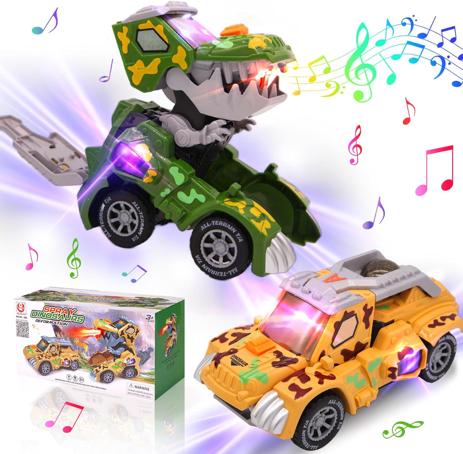 Automatic Mist Spray Dinosaur Car with Music and LED Light, Dino Cars, Deformed Dinosaur Car Toy for Kids 3-5 (Green) image number 2