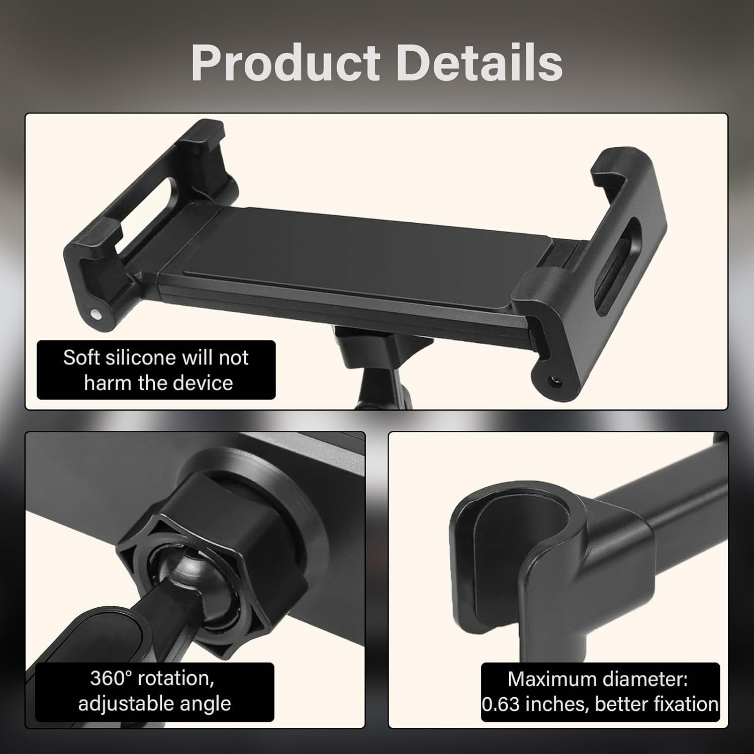 Car Headrest Tablet Holder, Ipad Car Mount Back Seat - 360&deg; Rotating Adjustable, Universal for 5-11" Tablets/Phones, Stretchable Fit for Ipad, Samsung, Phone, Backseat Headrest Mount (Black) image number 1