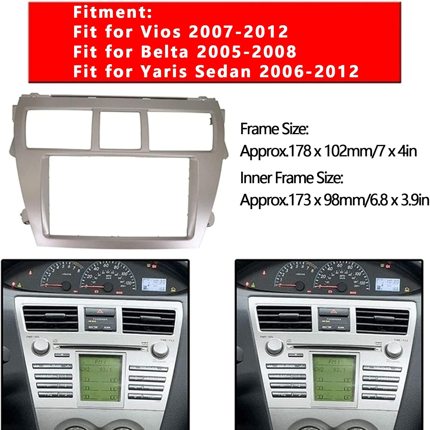 Radio Fascia, 2Din Car Stereo Navigation Refitted Dash Panel Kit Fit for Vios Belta Yaris Sedan, Car Dash Radio Fascia Panel Replacement, CD DVD Car Interior Decoration Accessories image number 2