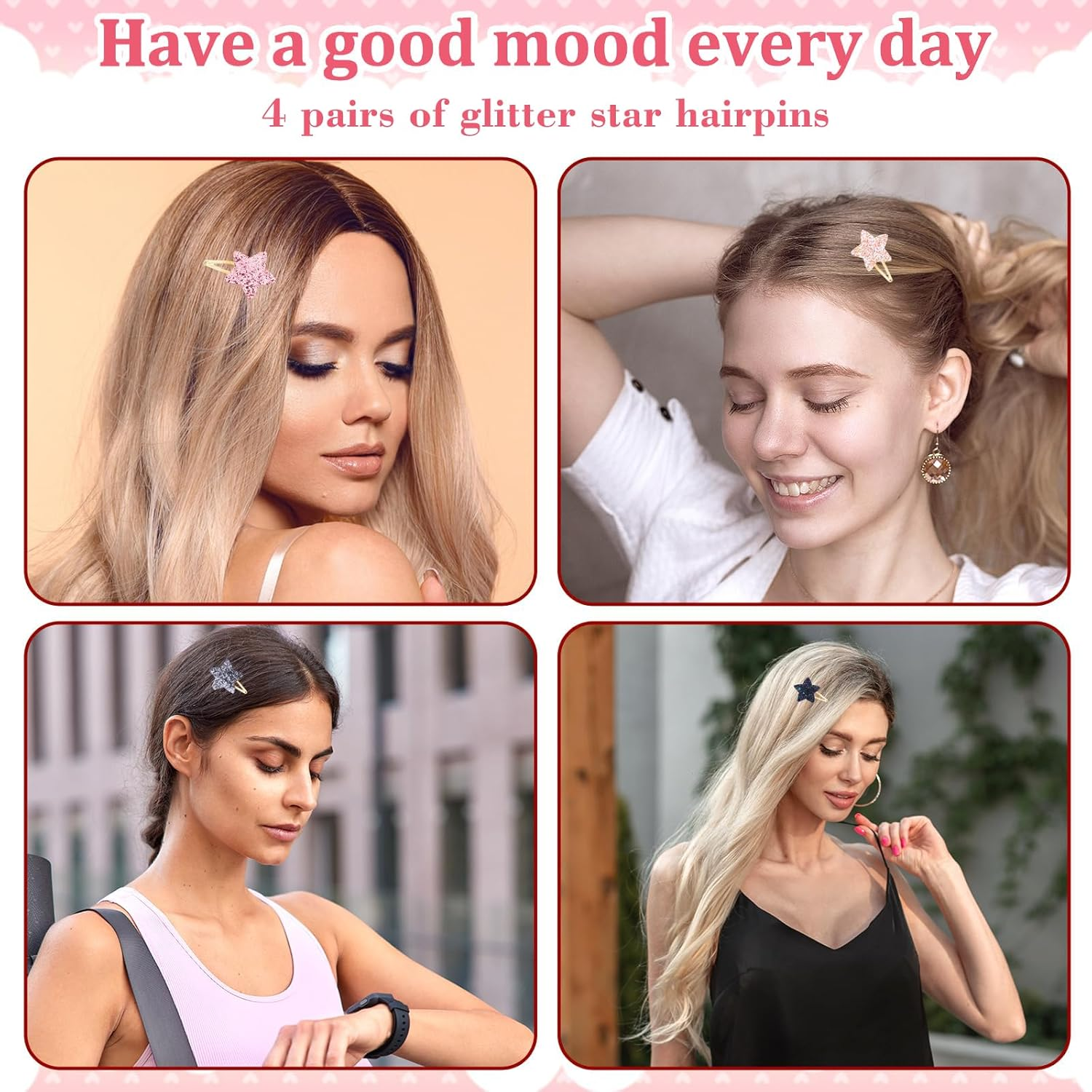 Lilbitty 4 Pairs Glitter Hair Clips for Girls - Cute Star Hair Clips for Kids, Colourful Glitter Hair Clips for Toddlers, Idea for Birthday Parties image number 3