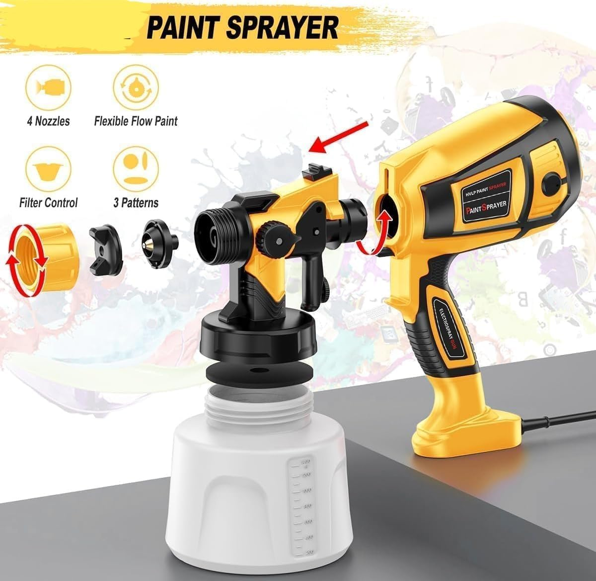 Paint Sprayer Tool, 850W High Power Electric Spray Paint Gun, Adjustable Spray Width Knob, 1400ML Container, 4 Nozzles and 3 Patterns, Easy to Clean for Furniture Cabinets House Painting Gold (Yellow) image number 6