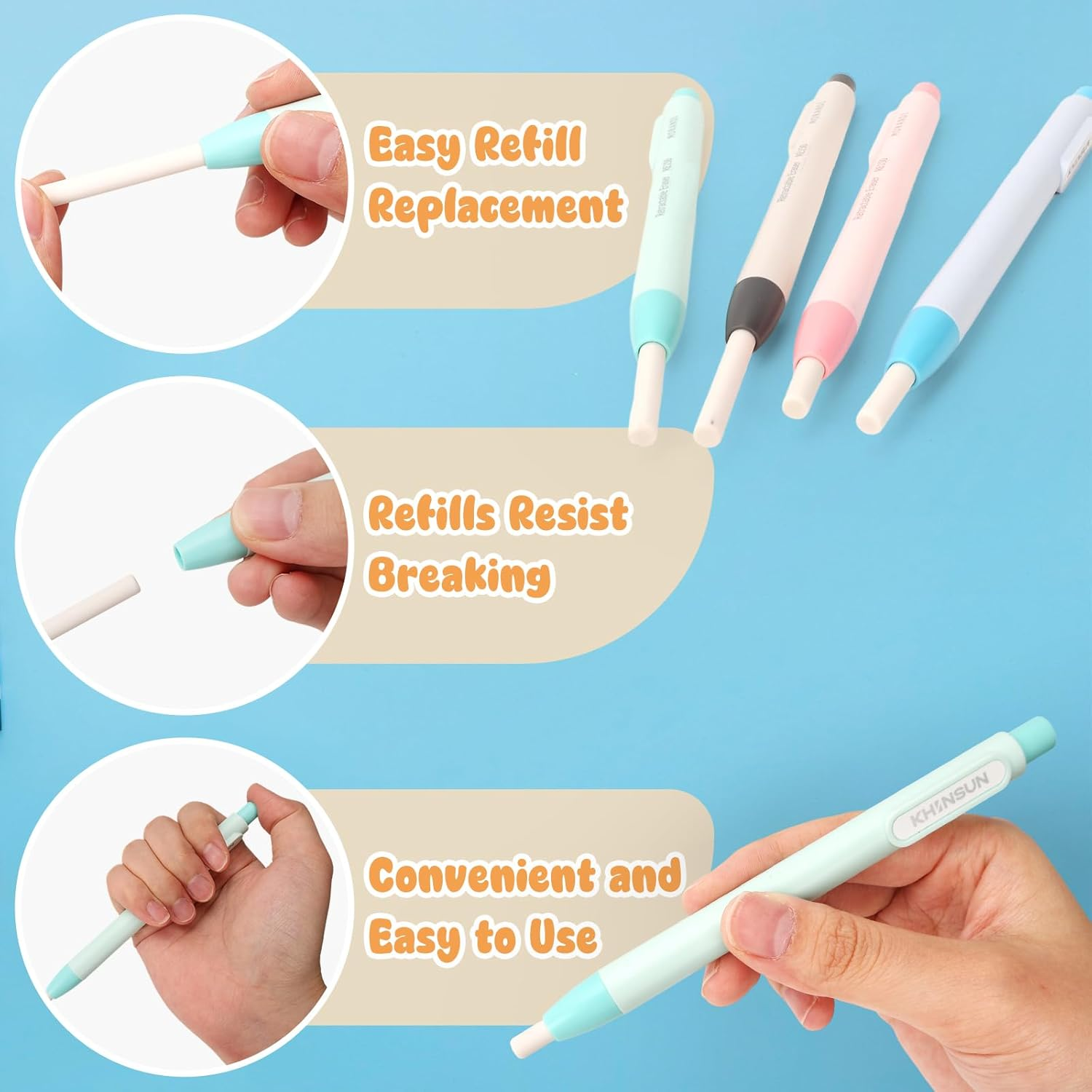 Viiotu Retractable Pen Style Eraser 4 Pack, Refillable Eraser Pen,Push Design Pencil Eraser for Kids,Great School Present for Children and Offices image number 6
