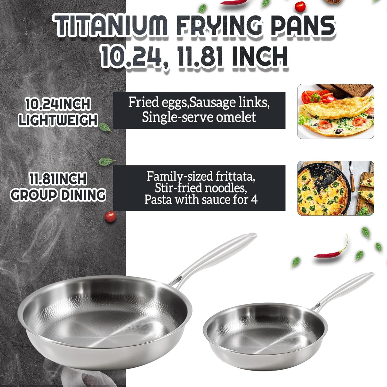 Lemonroad 2 Pcs 10.24" 11.81" Titanium Pan Set, Hammered Titanium Pan with Lid for Cooking Durable Scratch Resistant, Safe for Oven Induction image number 4
